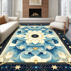 Floral Mandala Inspired Blue and Gold Design Rug