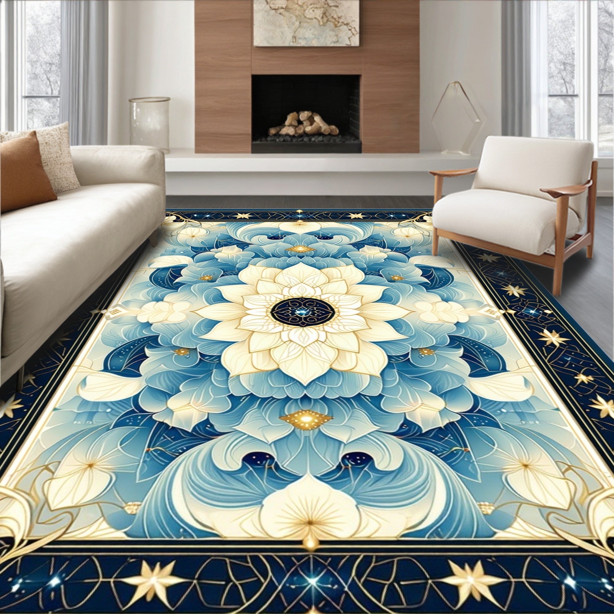 Floral Mandala Inspired Blue and Gold Design Rug