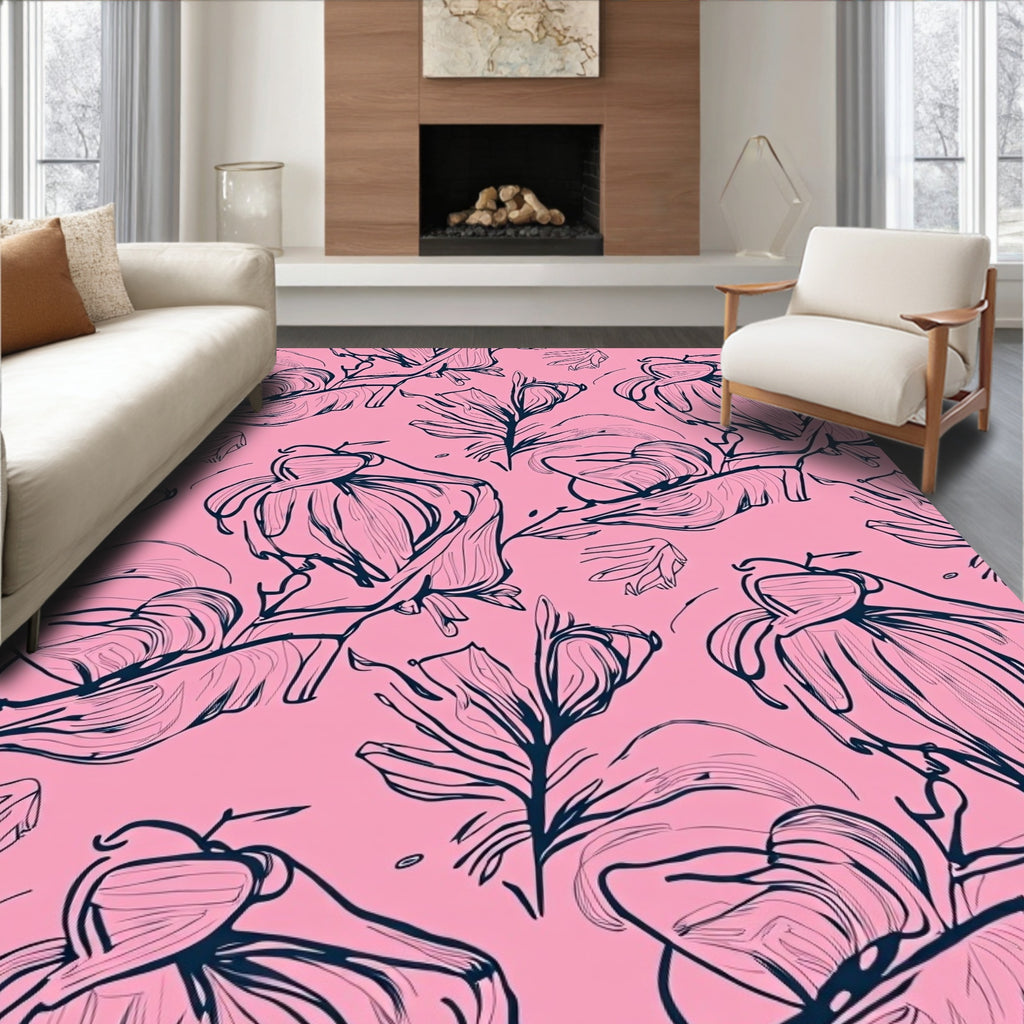 Textured Pink Floral Sketch Pattern Rug
