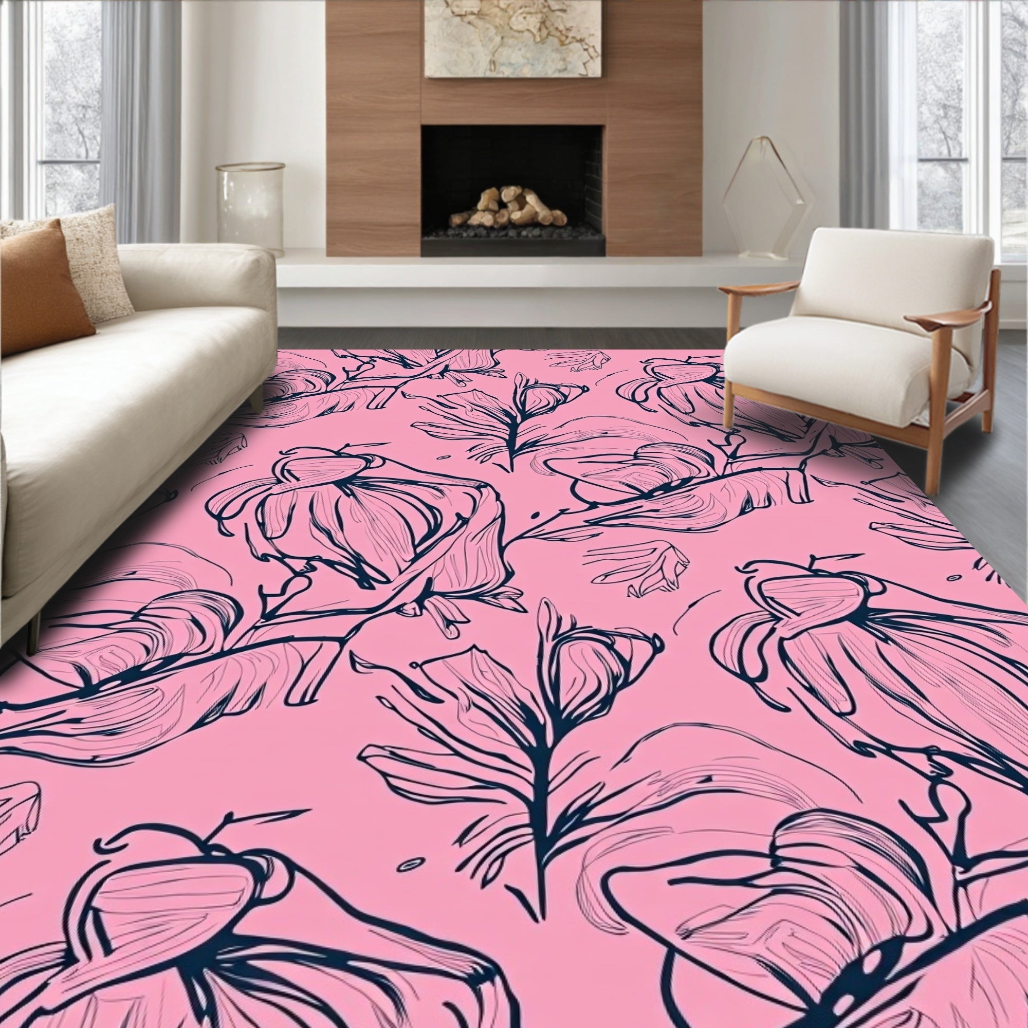 Textured Pink Floral Sketch Pattern Rug