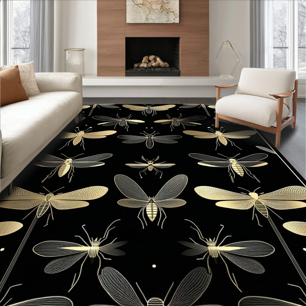 Elegant Gold Insect Pattern Design Rug