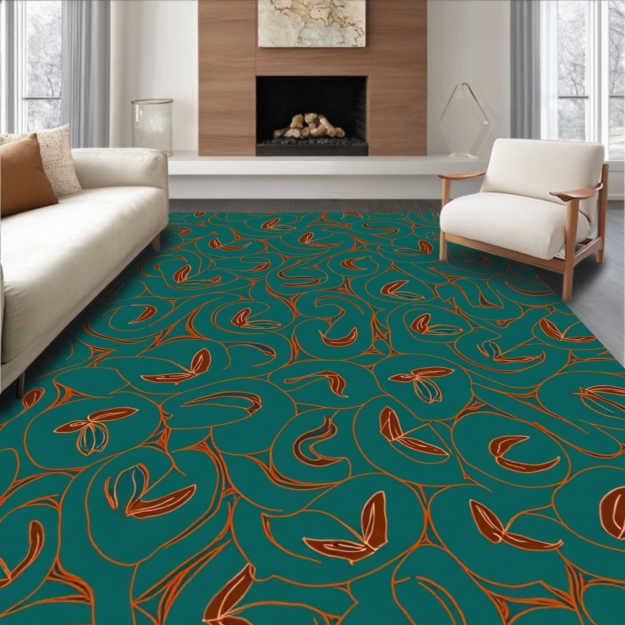 Teal Swirl Leaf Abstract Pattern Rug