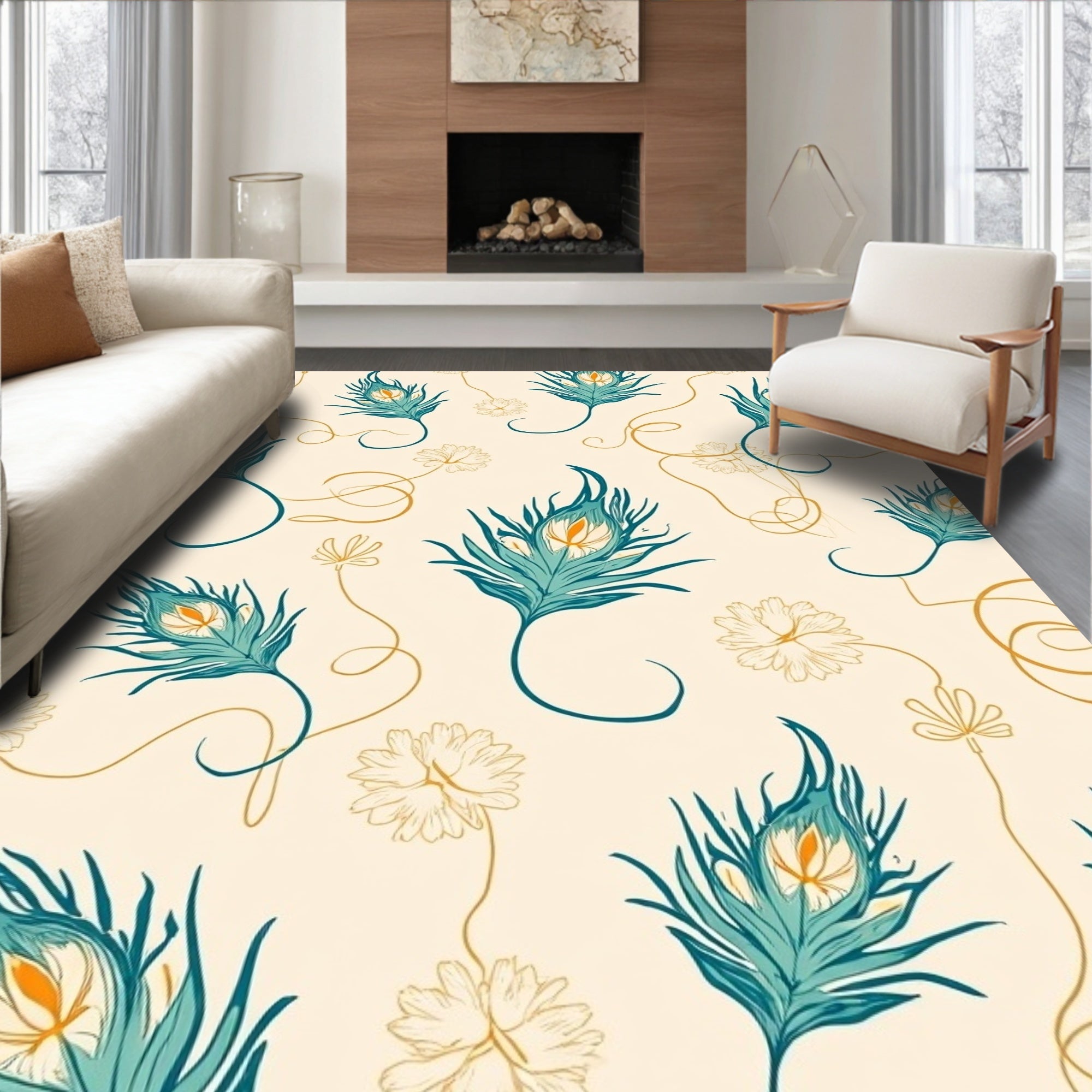 Elegant Feather Floral Swirl Pattern Rug