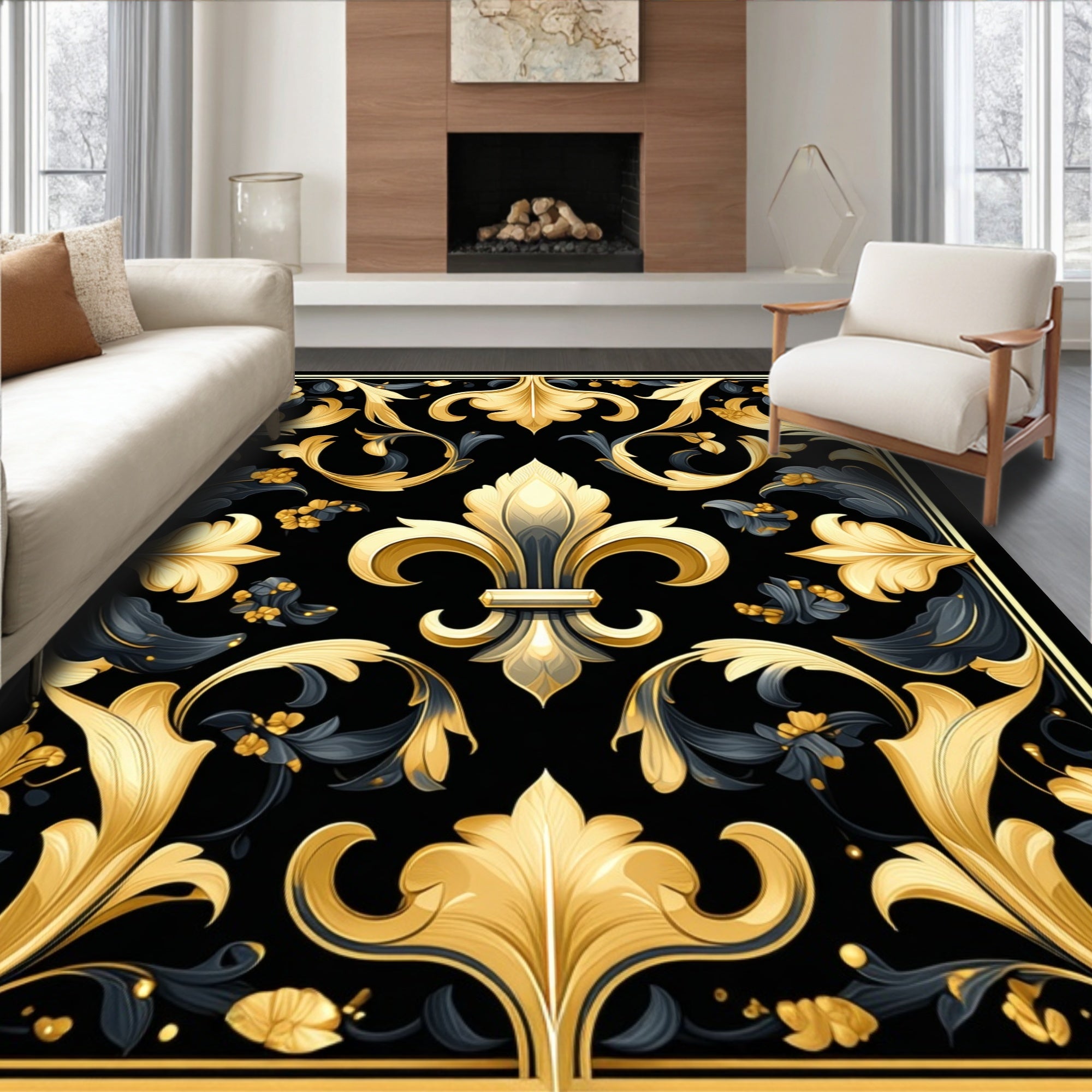 Regal Gold Black Fleur-de-lis Pattern Rug