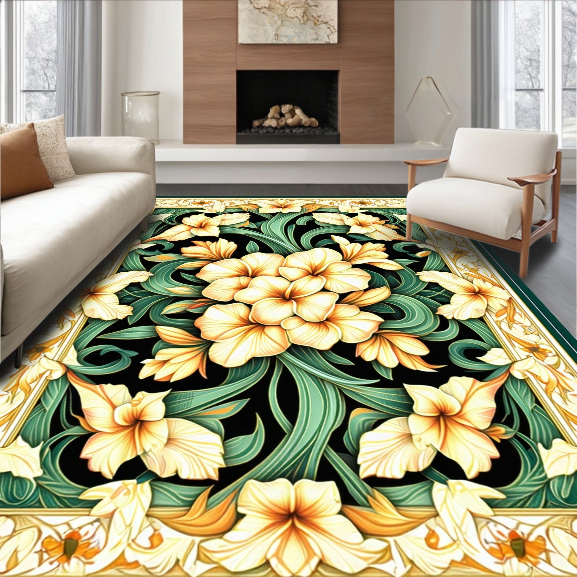 Radiant Yellow Floral Art Nouveau Rug