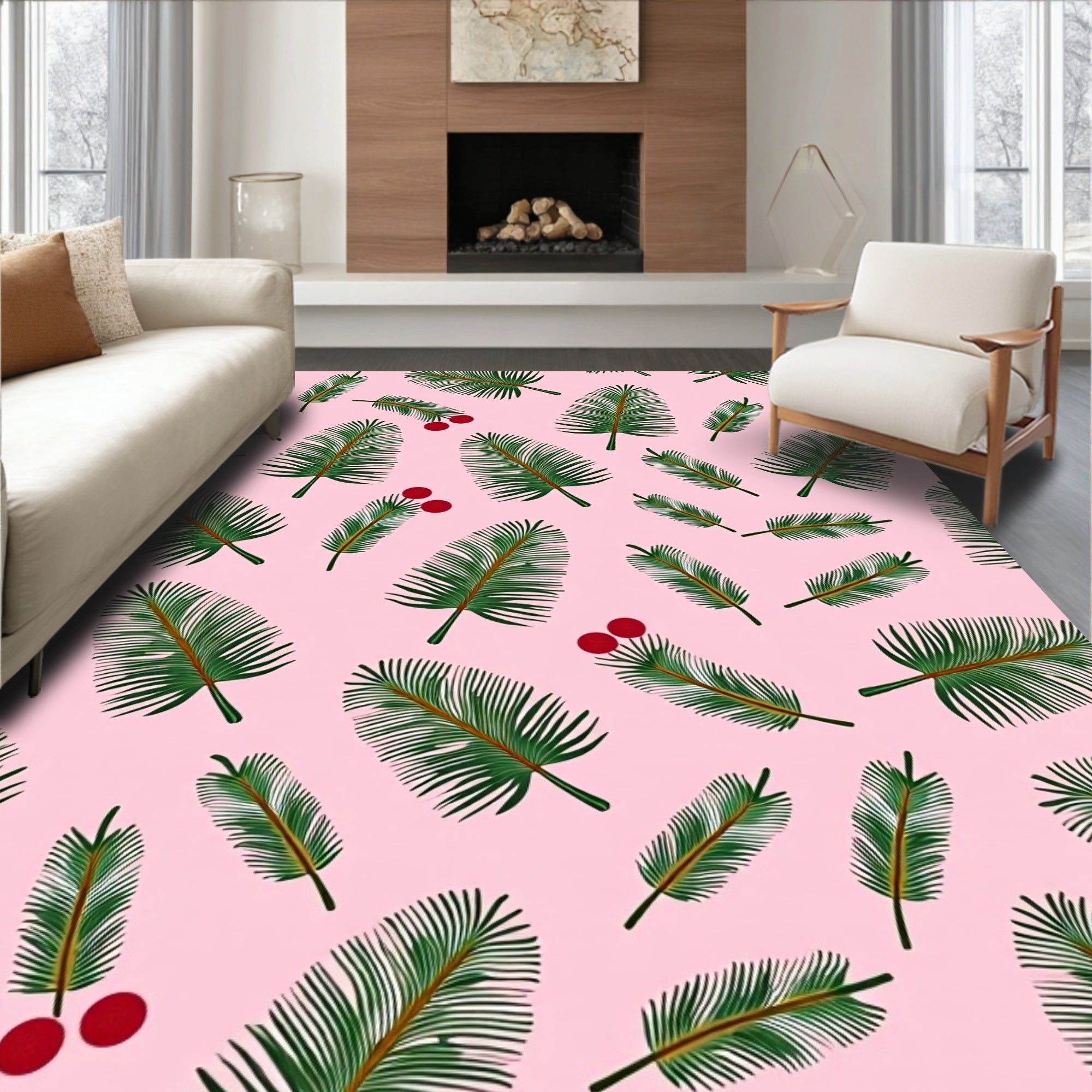 Pink Palm Leaf Berry Branch Rug