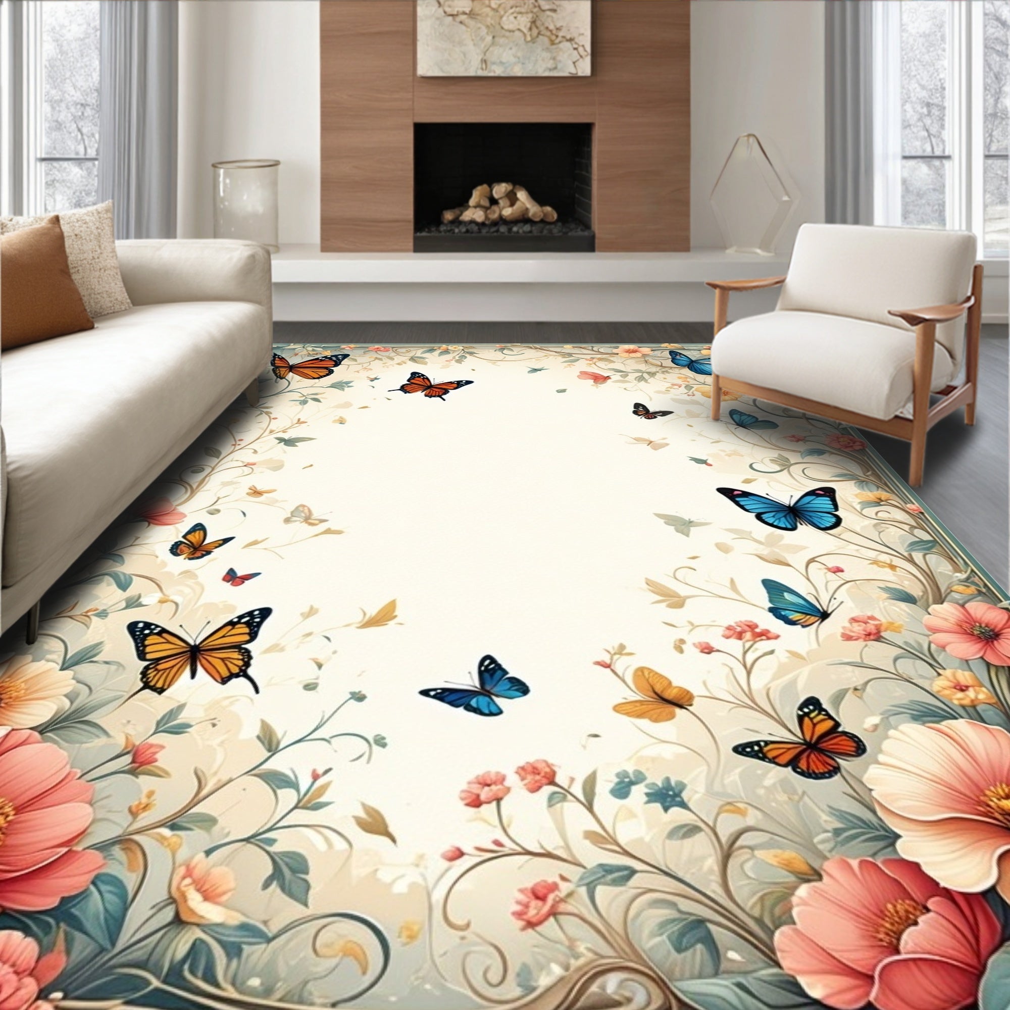 Whimsical Floral Butterfly Garden Design Rug