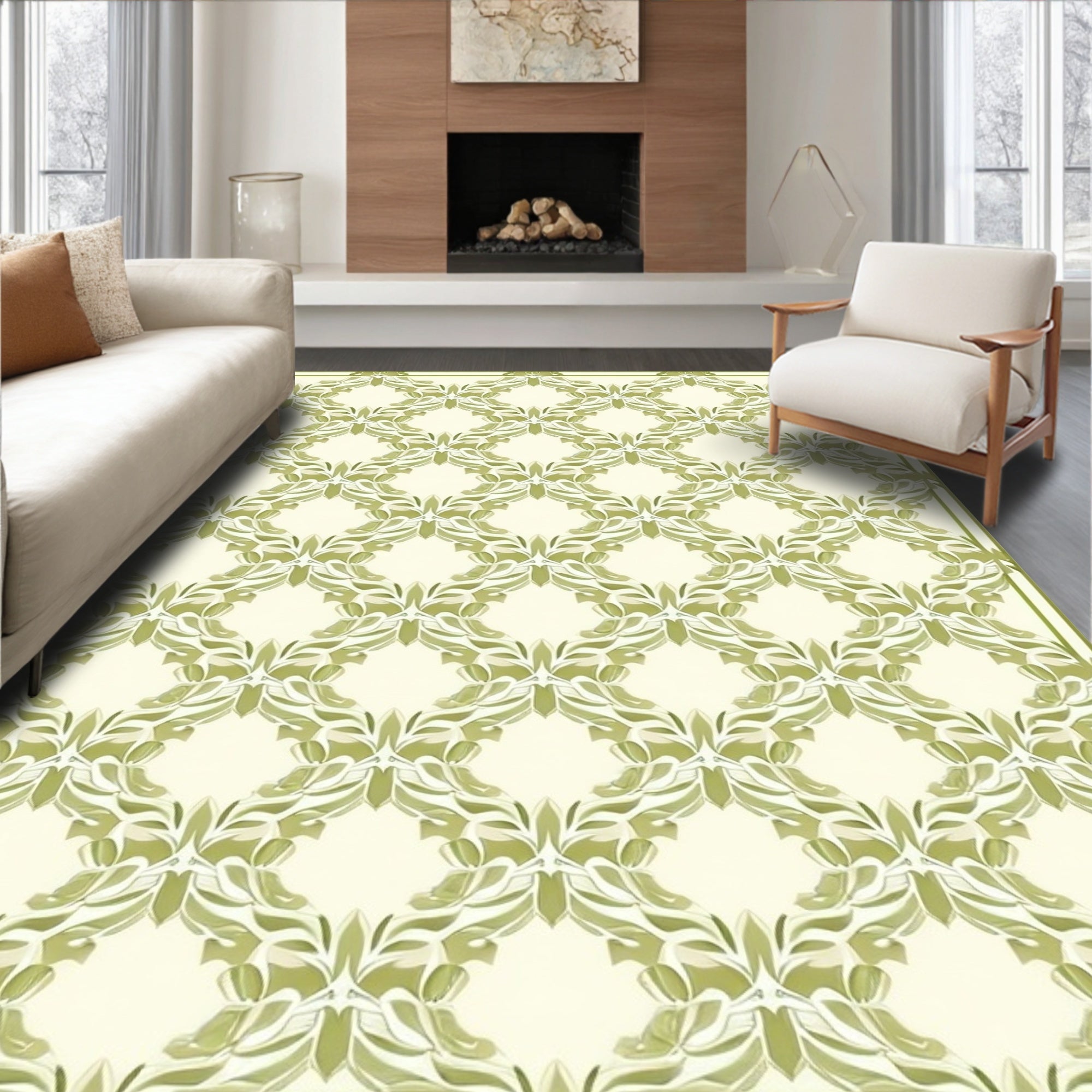 Subtle Green Leaf Patterned Design Rug