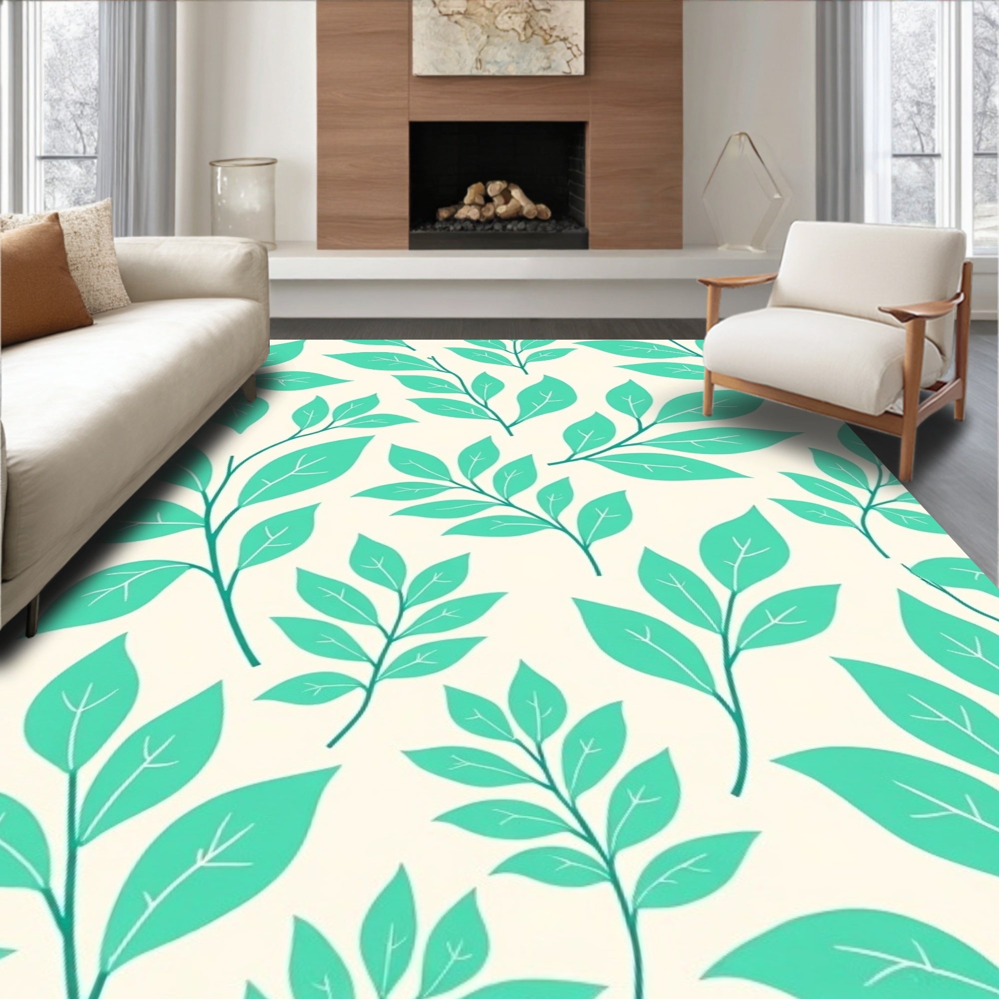 Teal Leaf Pattern Abstract Design Rug
