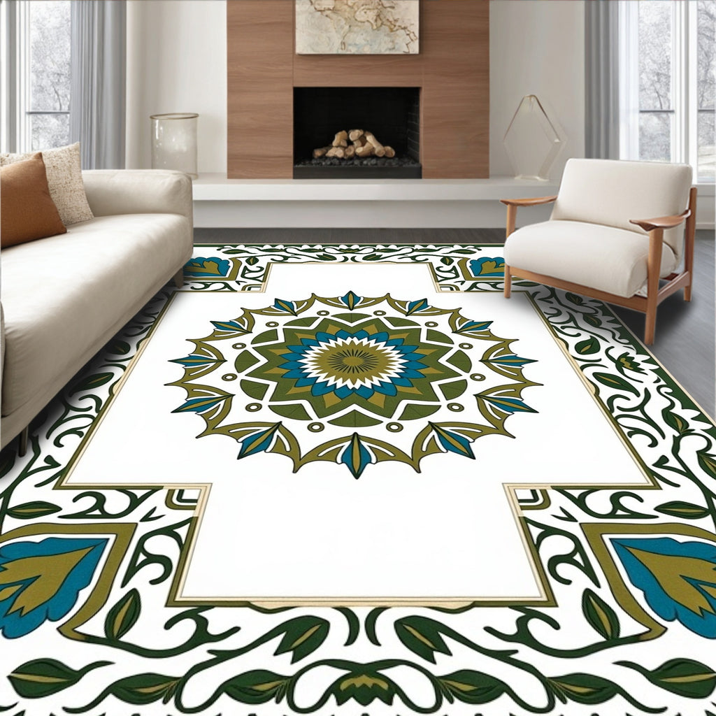 Green Blue Floral Medallion Border Rug