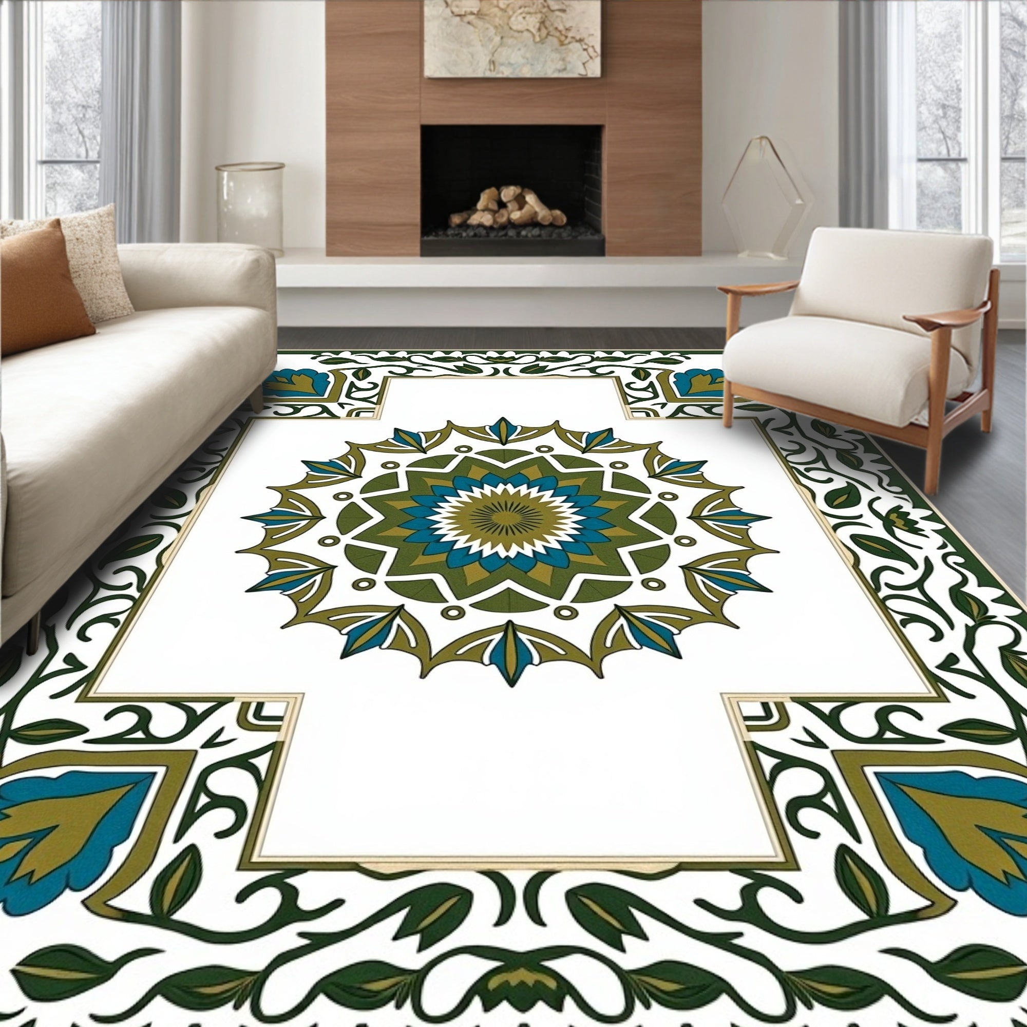 Green Blue Floral Medallion Border Rug
