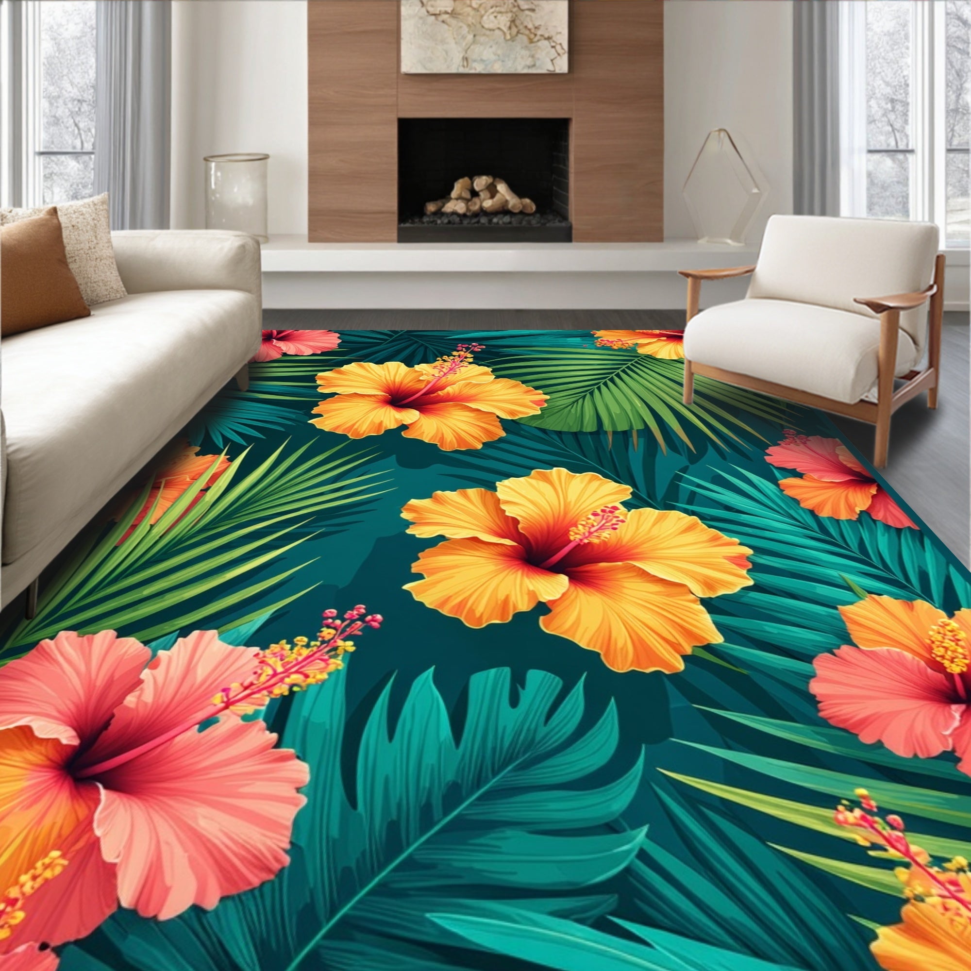 Vibrant Tropical Floral Hibiscus Pattern Rug