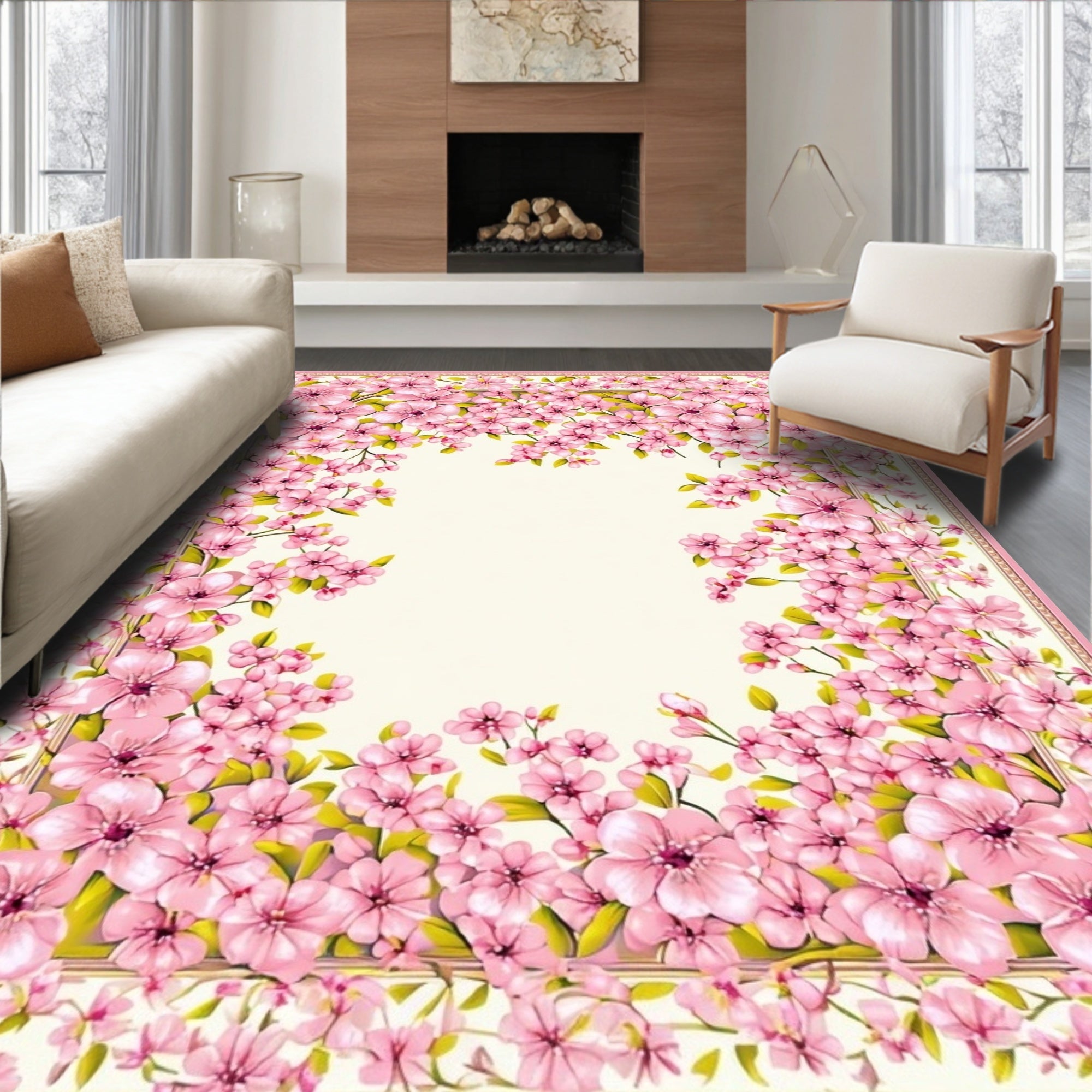 Pink Blossom Vine Border Rug
