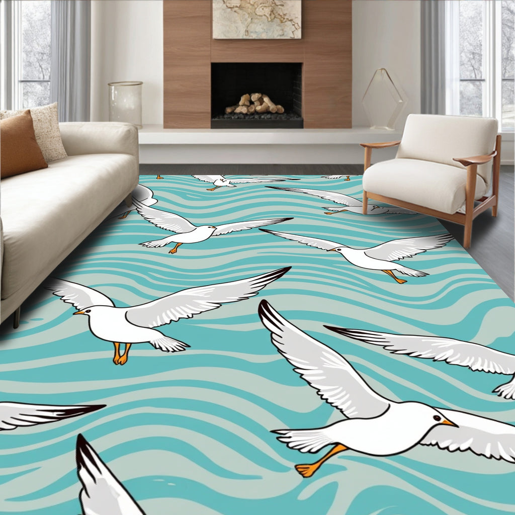 Seagull Flight Across Wavy Ocean Design Rug