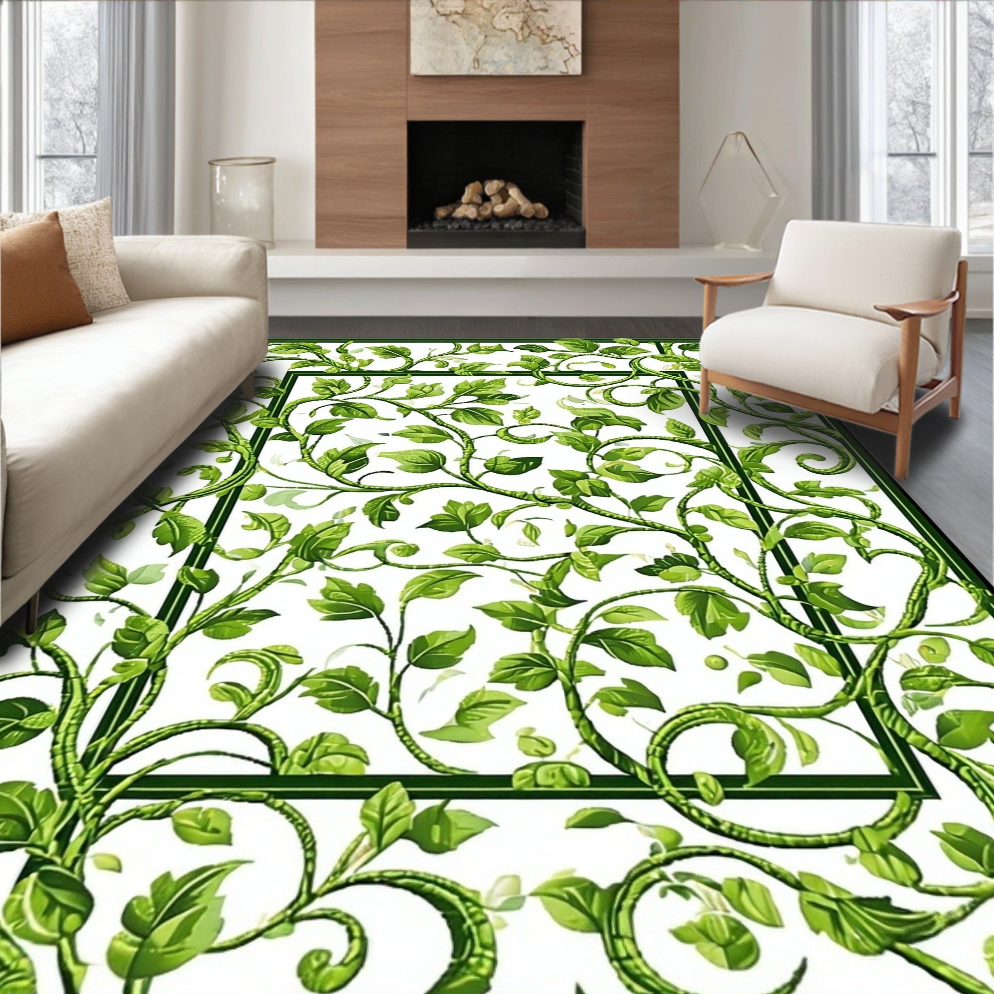 Green Leaf Vine Scroll Pattern Rug