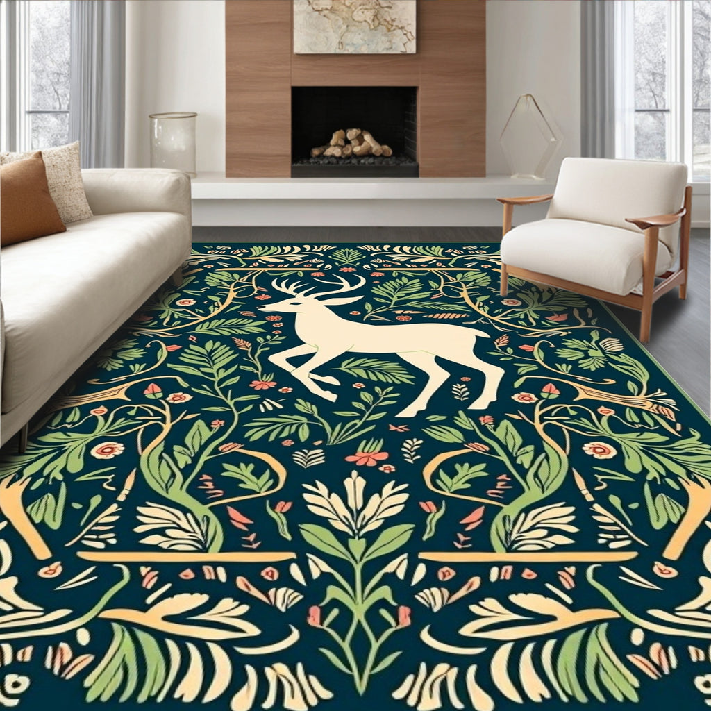 Forest Deer Floral Pattern Rug