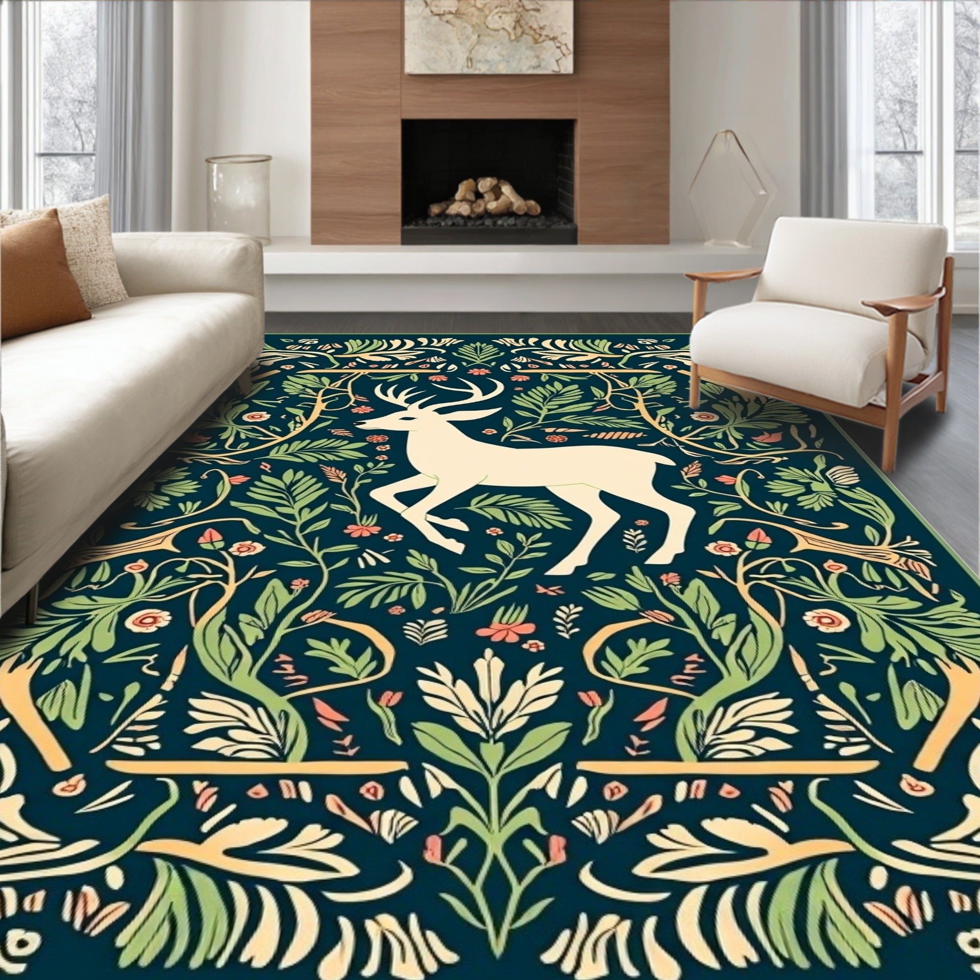 Forest Deer Floral Pattern Rug