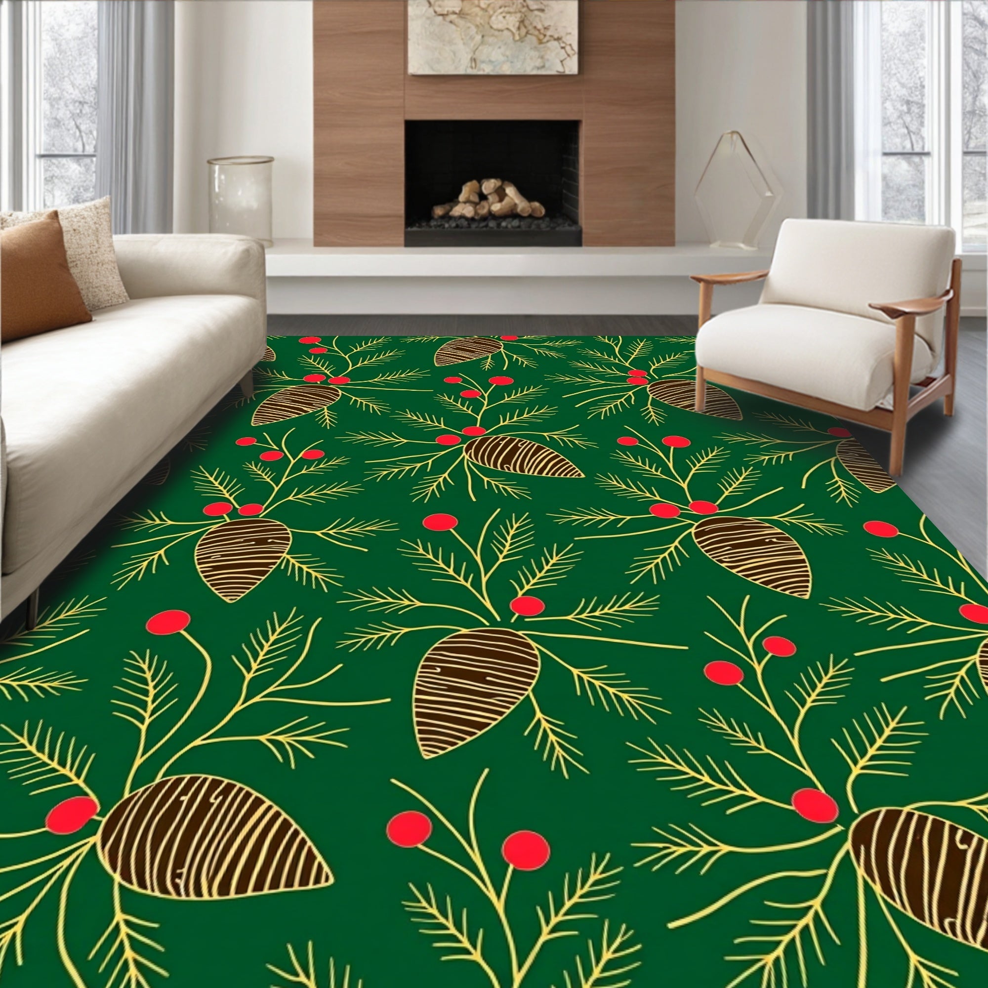 Christmas Pinecone Holly Berry Sprigs Rug