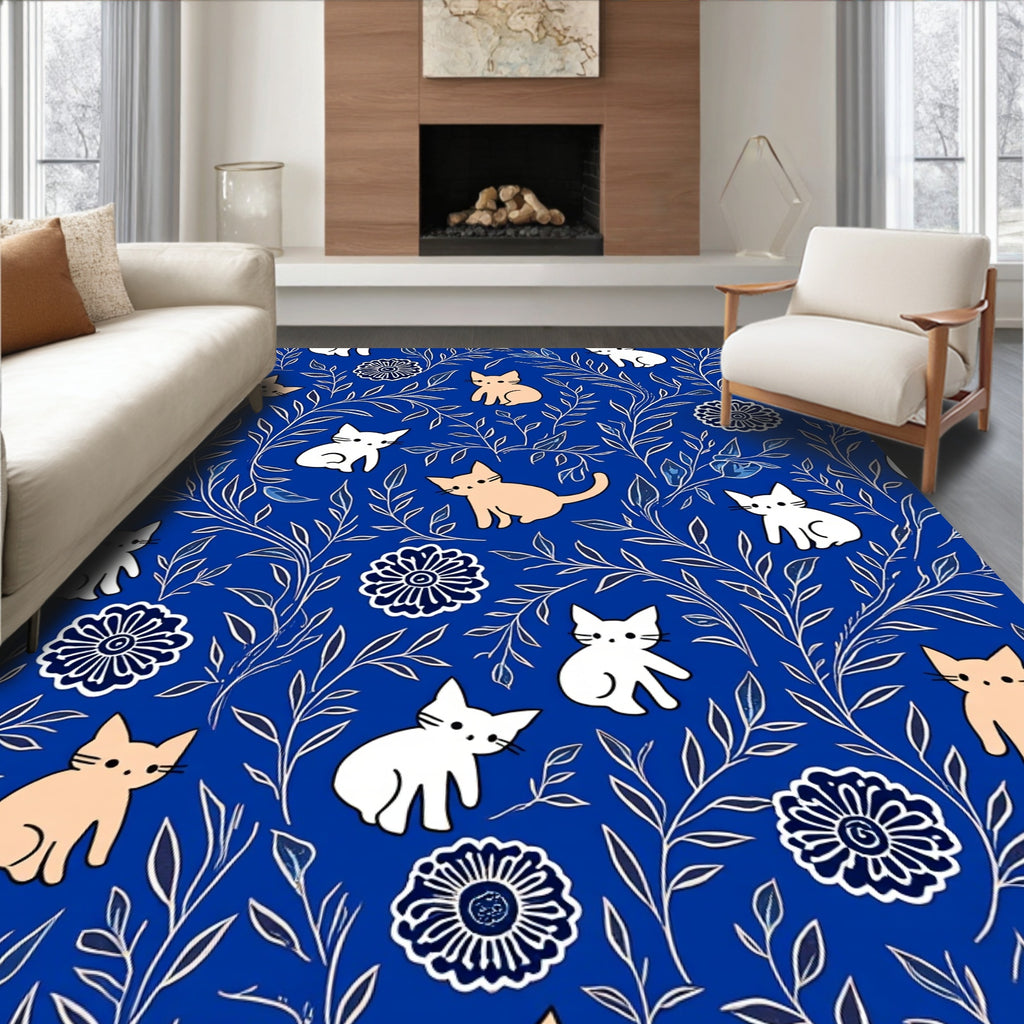 Whimsical Cat Floral Nature Pattern Rug