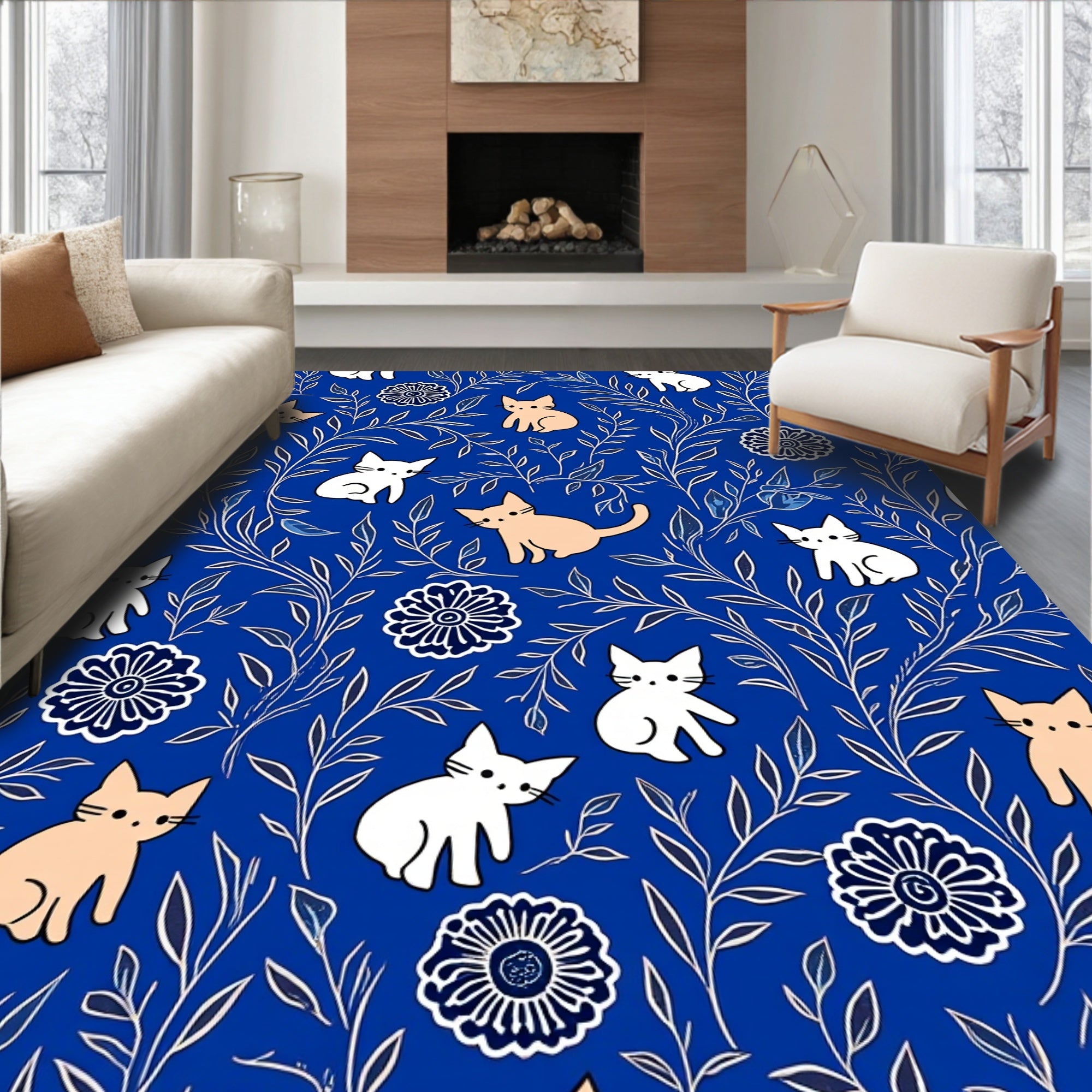 Whimsical Cat Floral Nature Pattern Rug