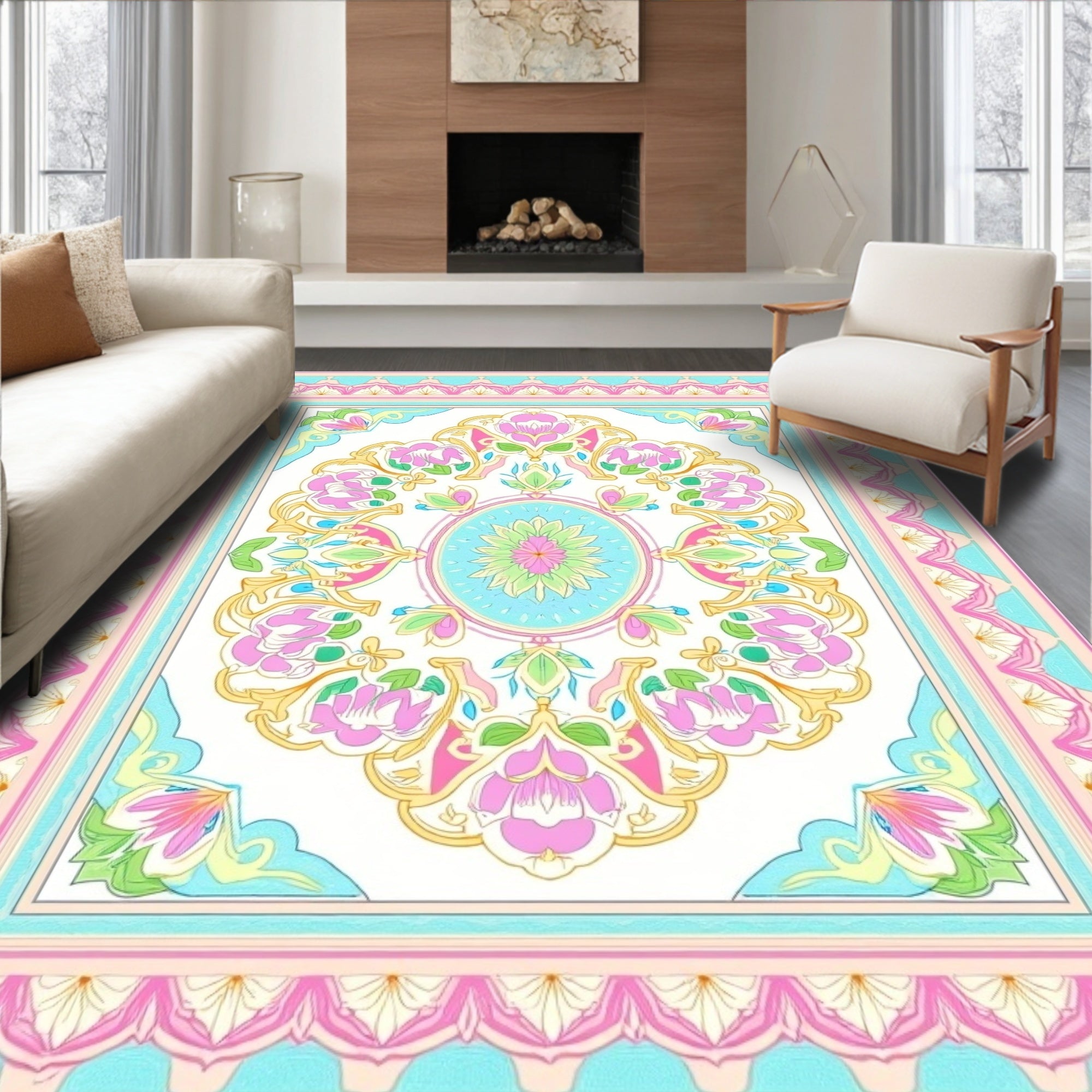 Pastel Floral Medallion Pattern Rug