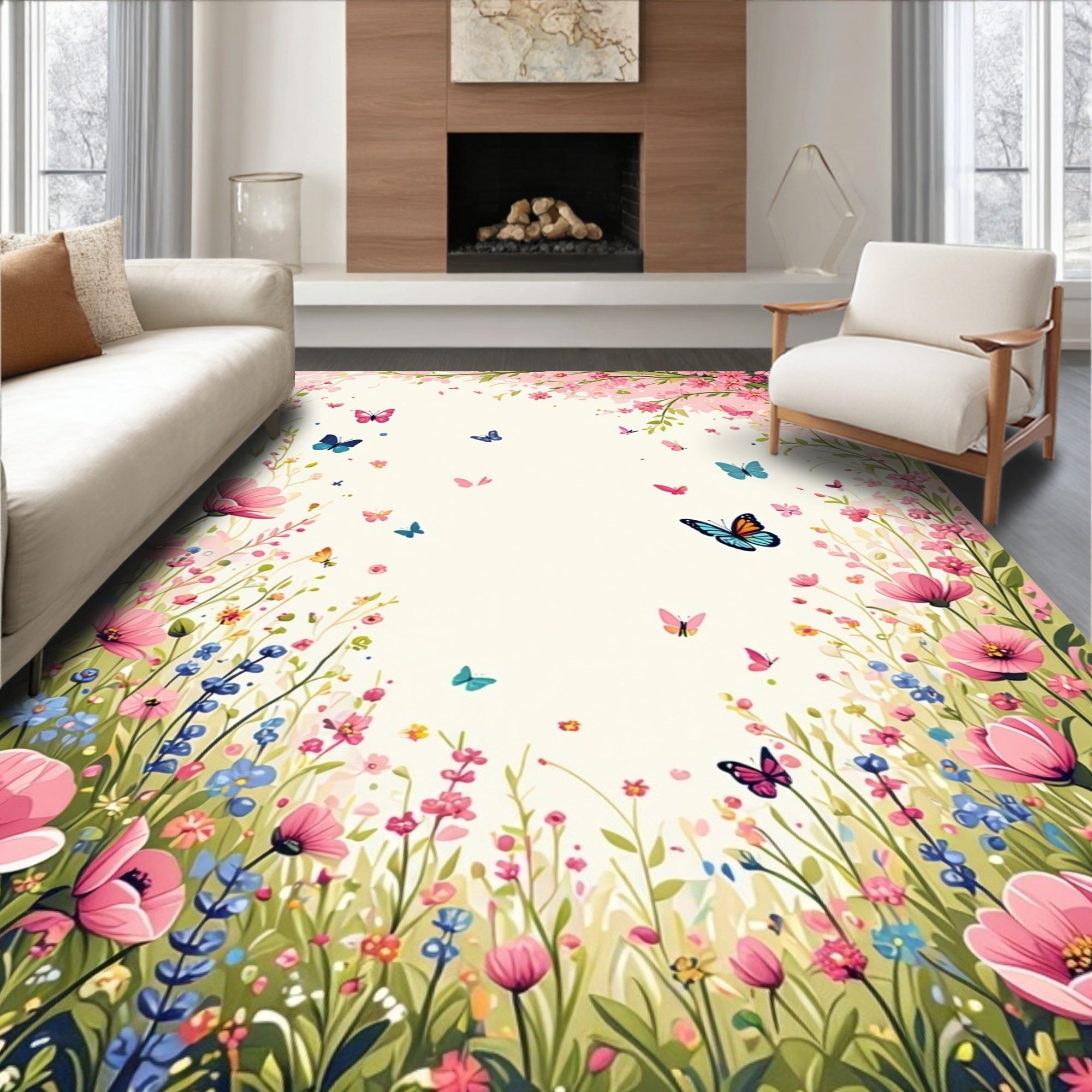 Whimsical Butterfly Floral Meadow Rug