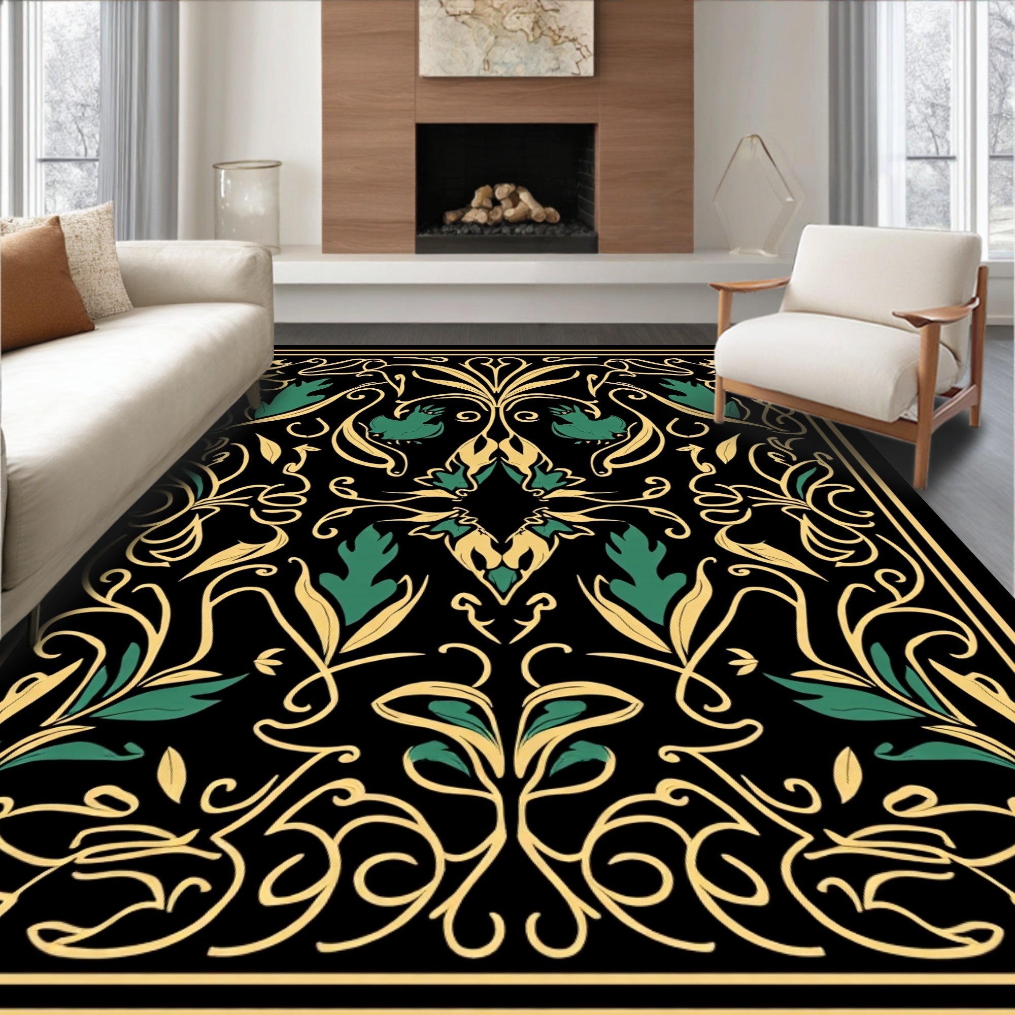 Art Nouveau Black Gold Floral Pattern Rug