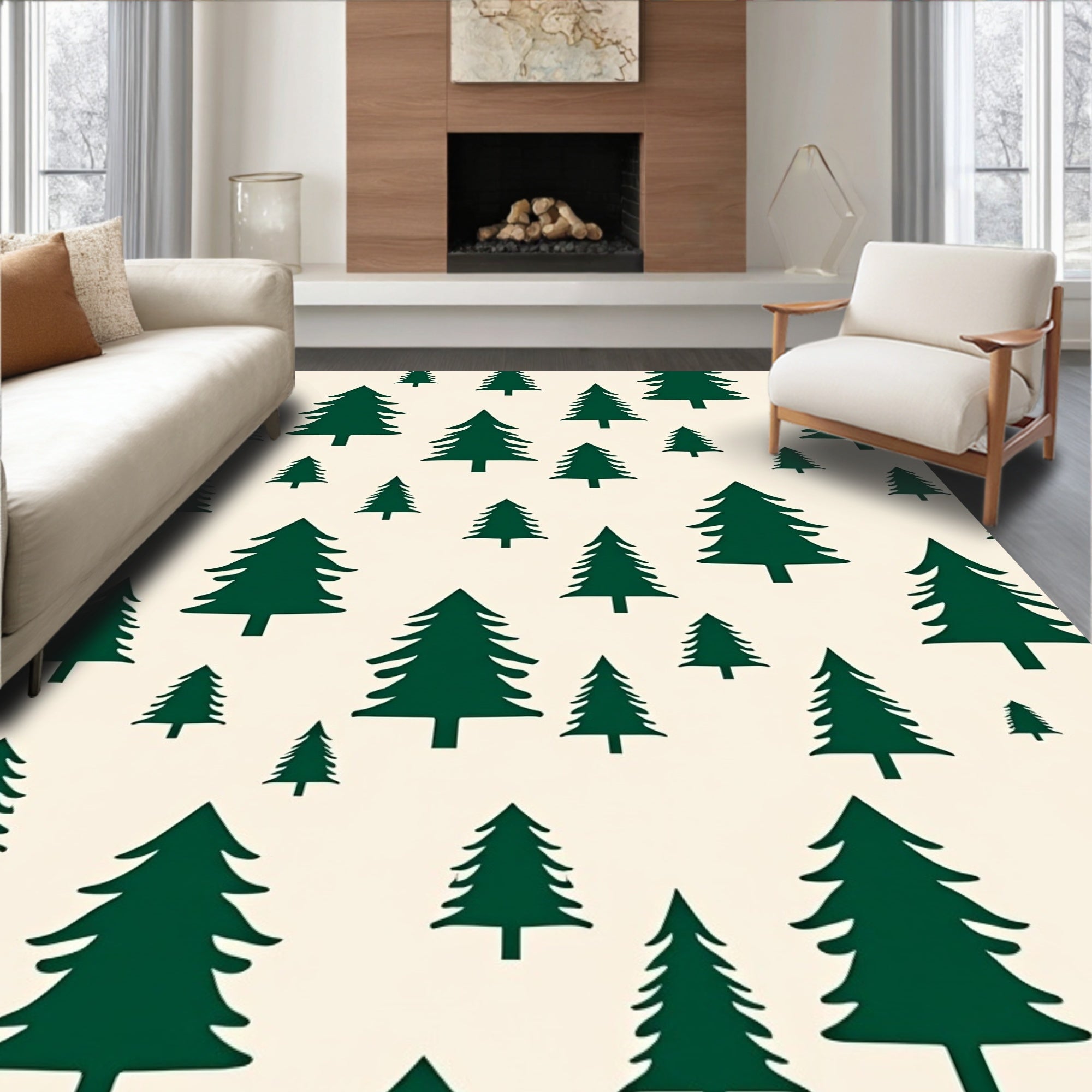 Green Tree Patterned Cream Rug