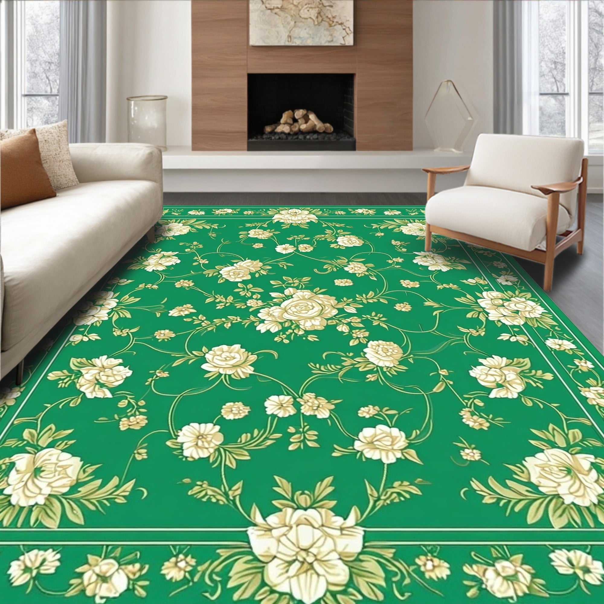Green Floral Vines Pattern Rug