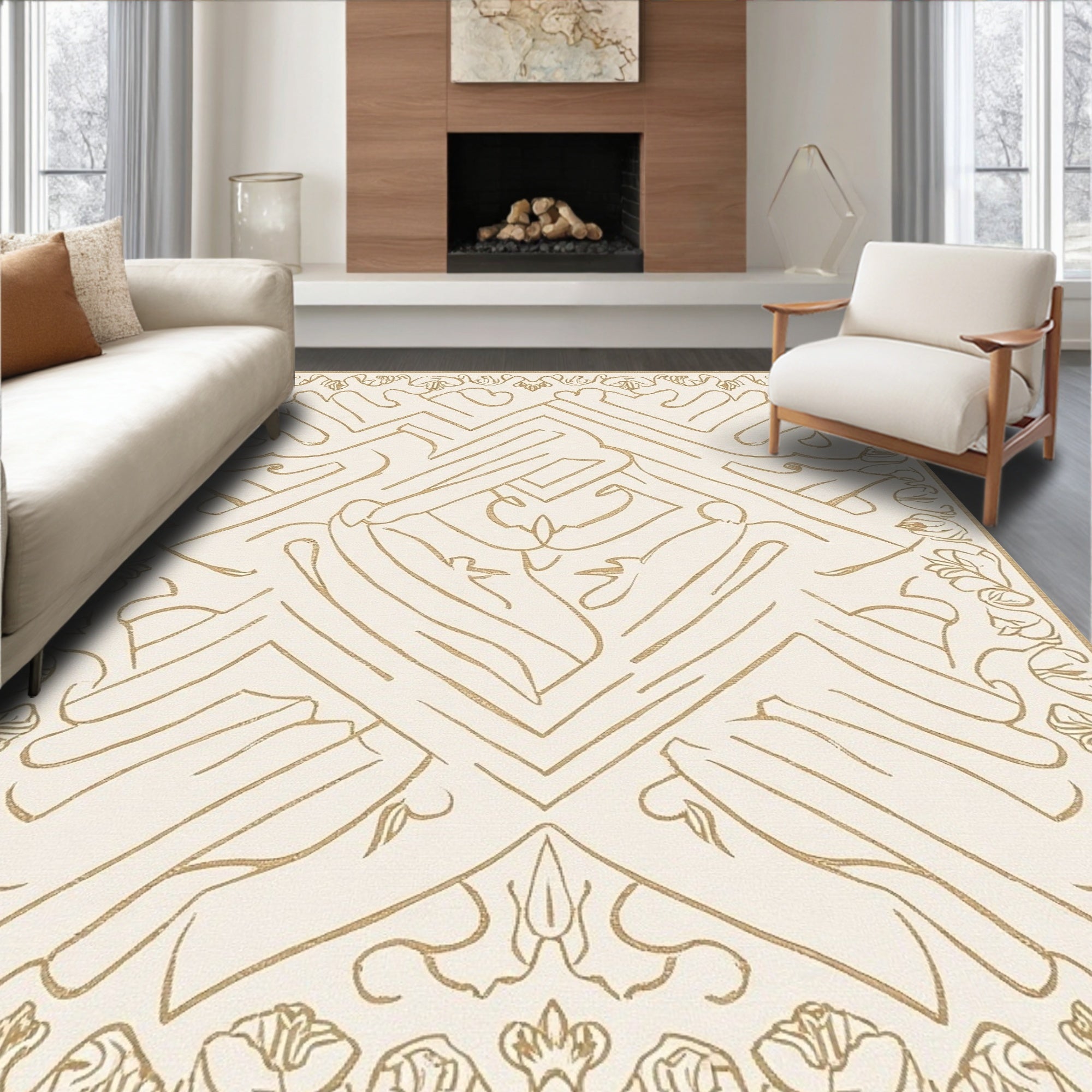 Abstract Golden Floral Geometric Design Rug