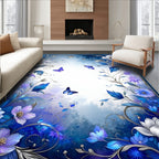 Enchanting Blue Floral Butterfly Border Rug
