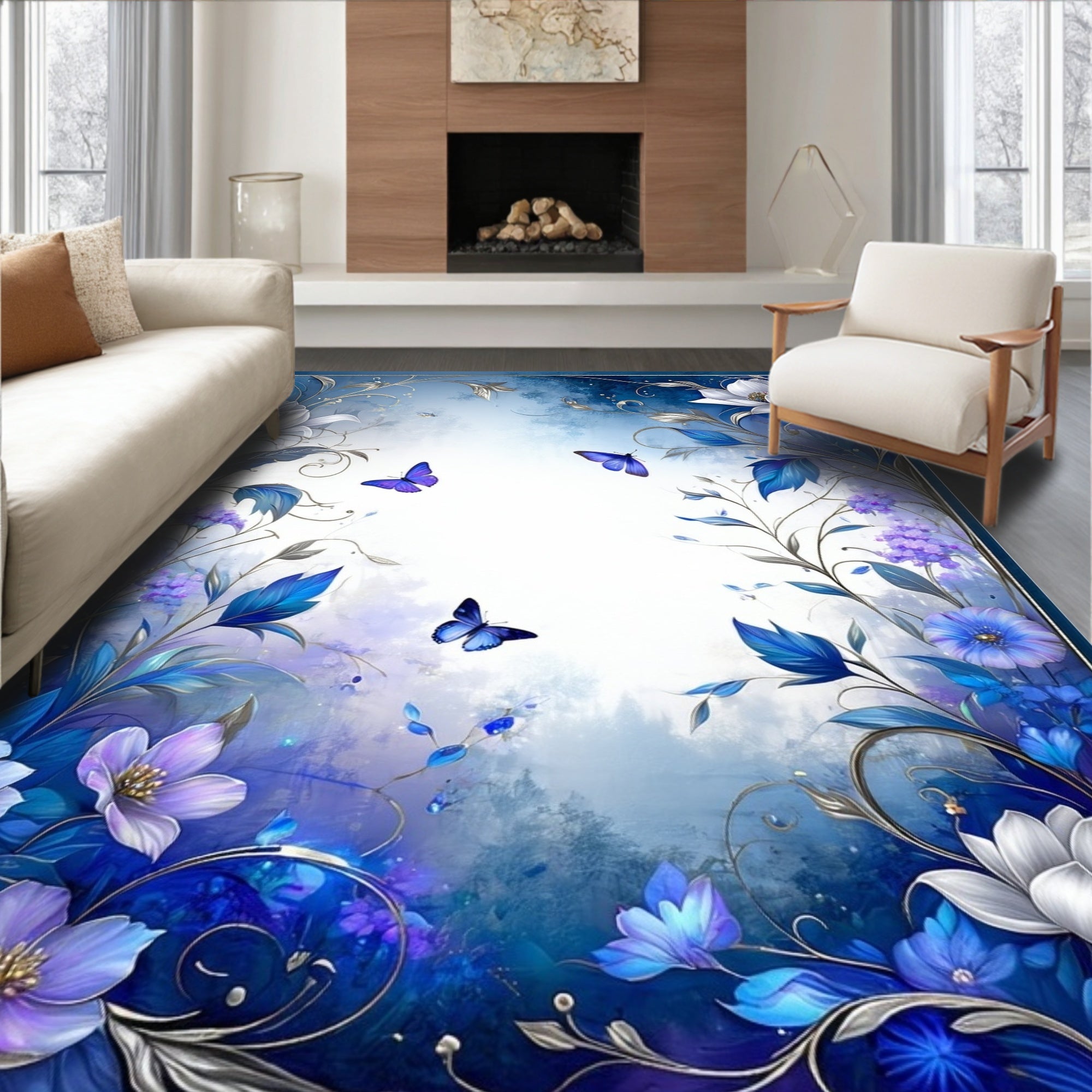 Enchanting Blue Floral Butterfly Border Rug