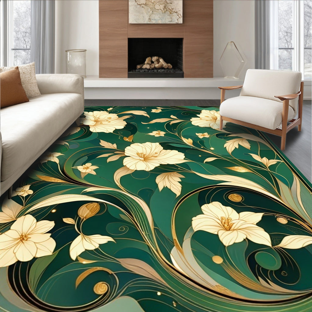 Ornate Green Gold Floral Swirl Rug