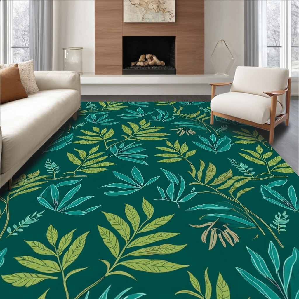 Tropical Leaf Pattern In Teal And Green Rug