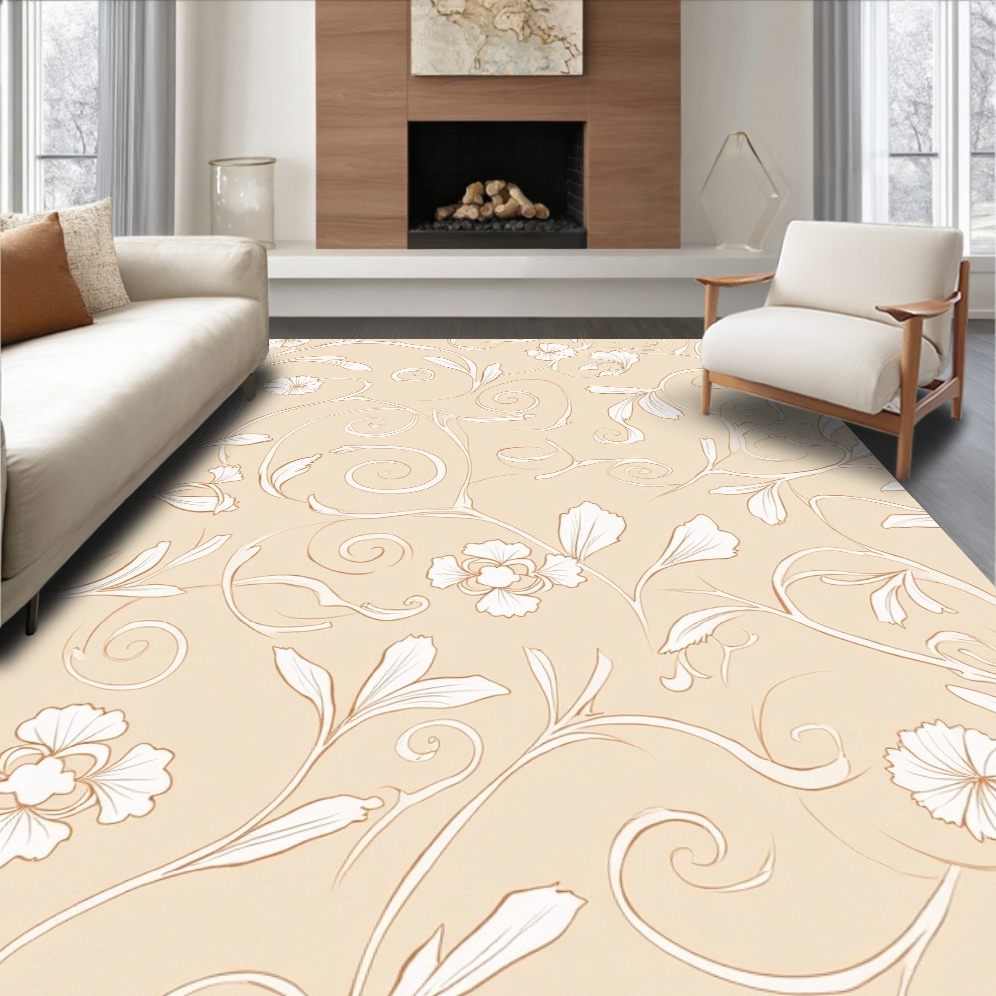 Delicate Floral Swirls Beige Pattern Rug