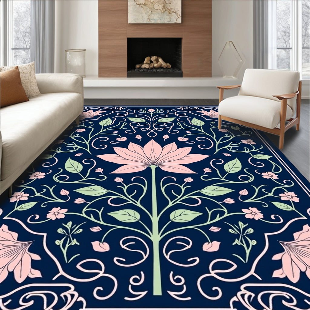 Pink Floral Art Nouveau Navy Rug