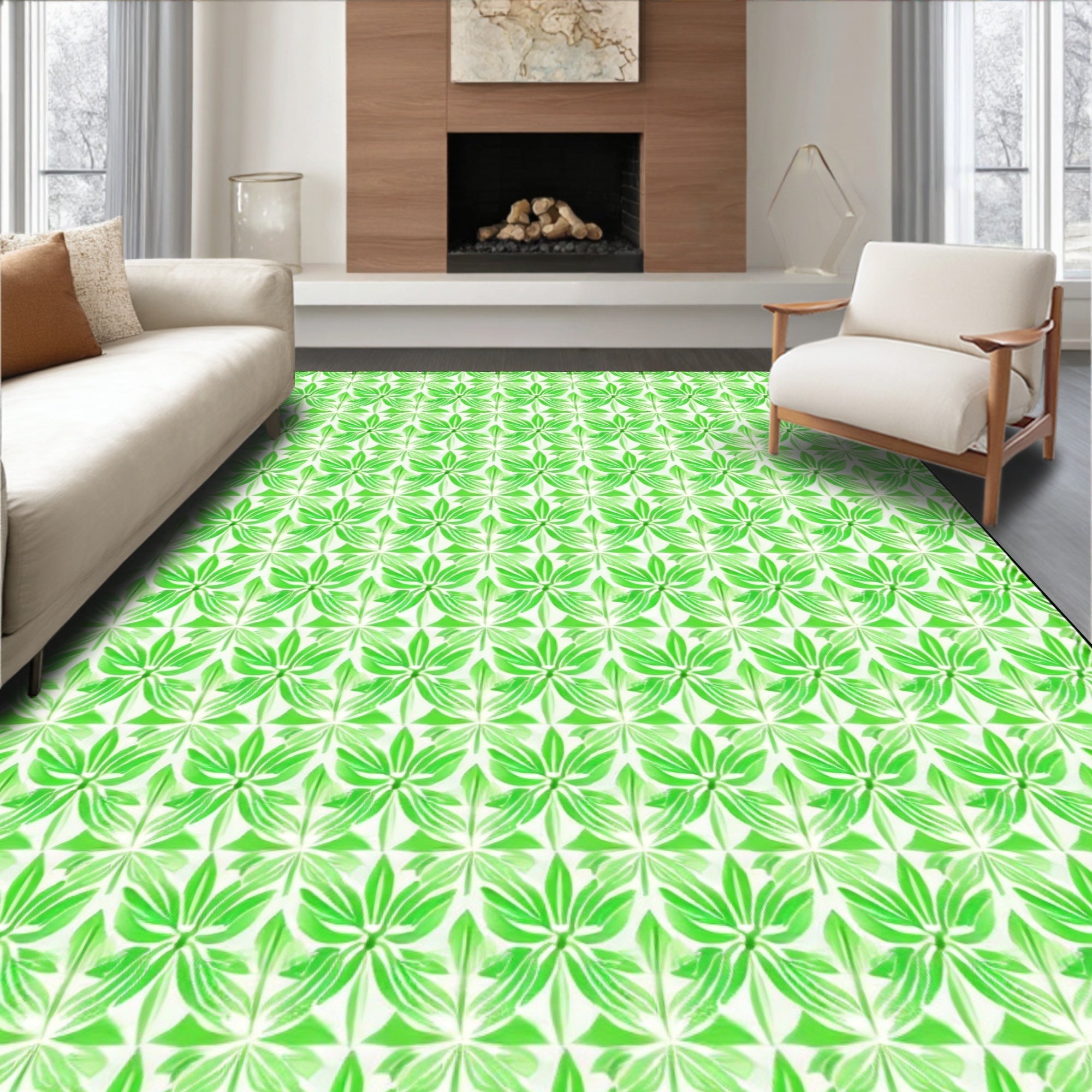 Verdant Leaf Patterned Geometric Rug