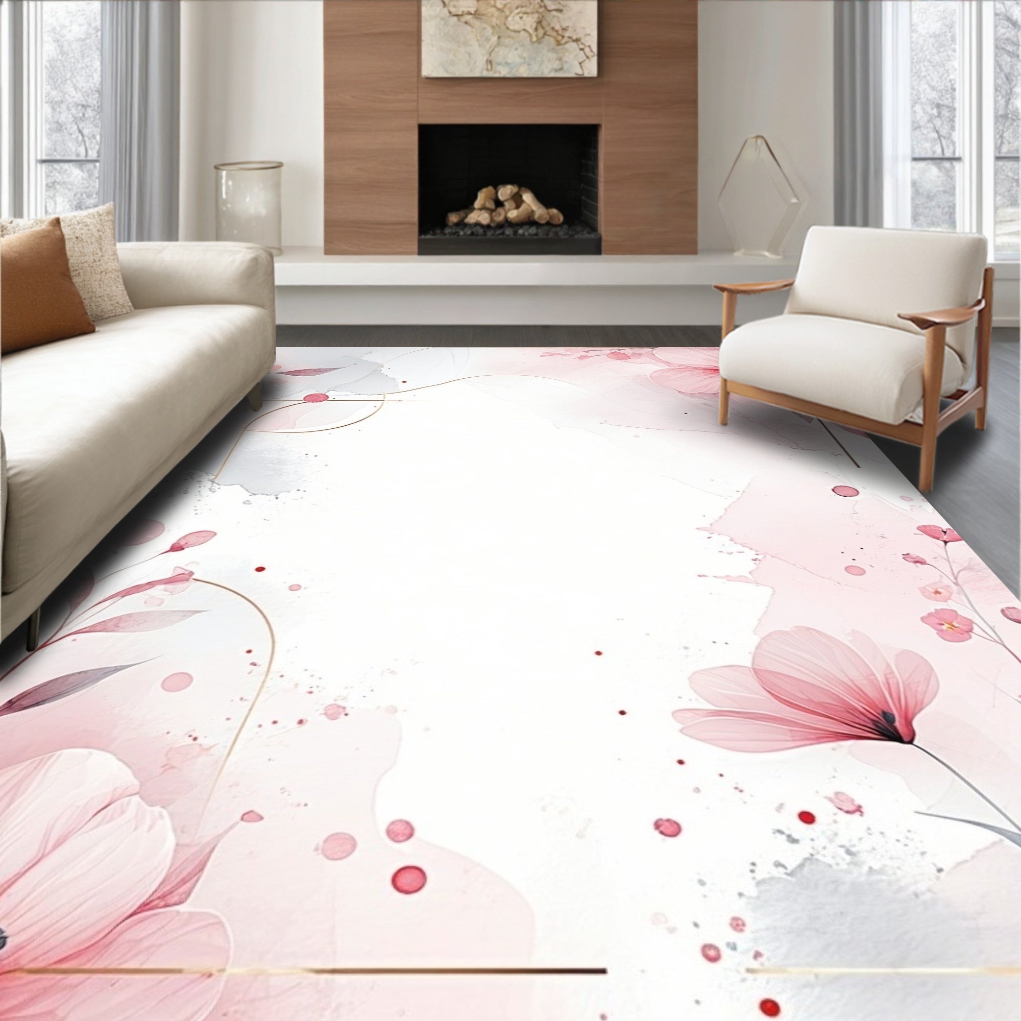 Soft Pink Floral Watercolor Design Rug