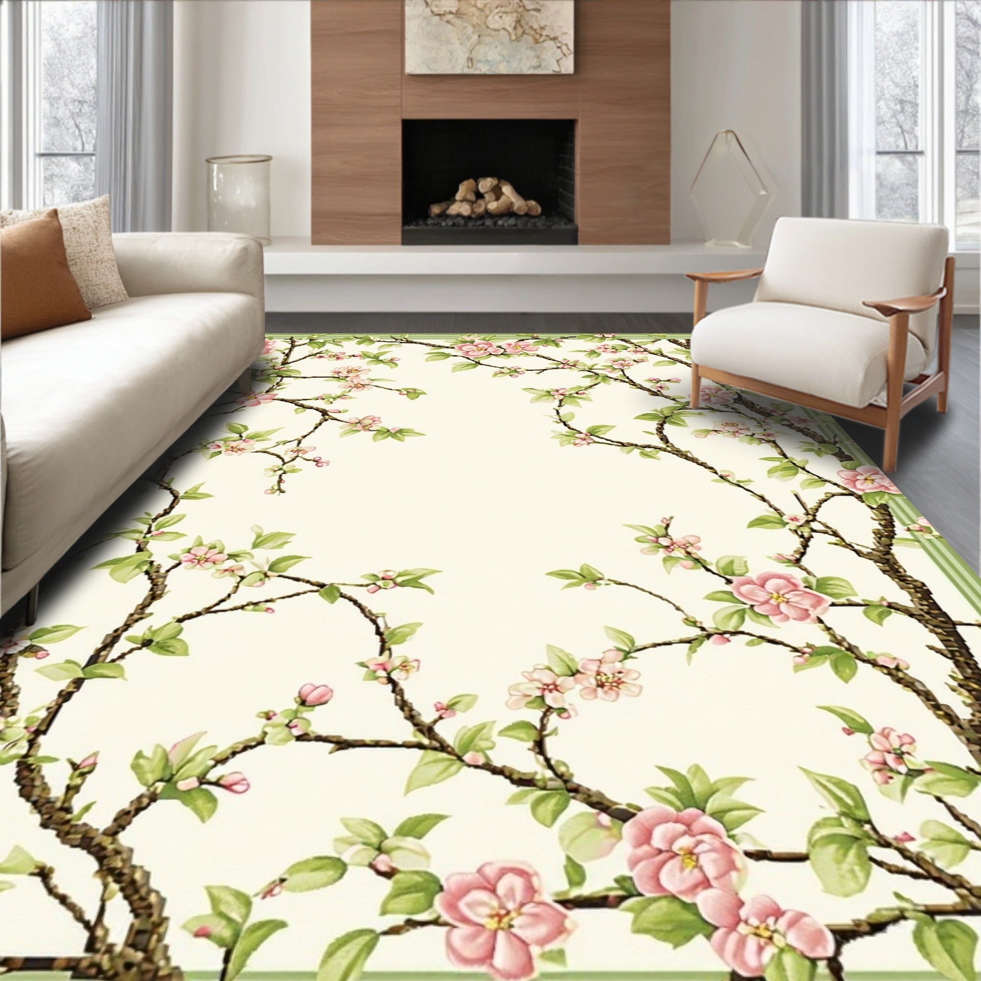 Floral Branches with Pink Blossoms Design Rug