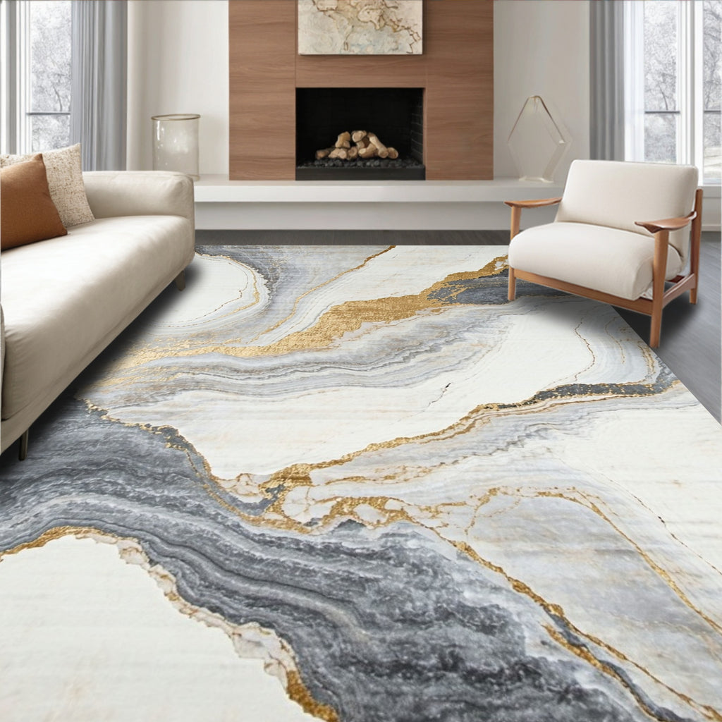 Ethereal White Gold Stone Pattern Rug