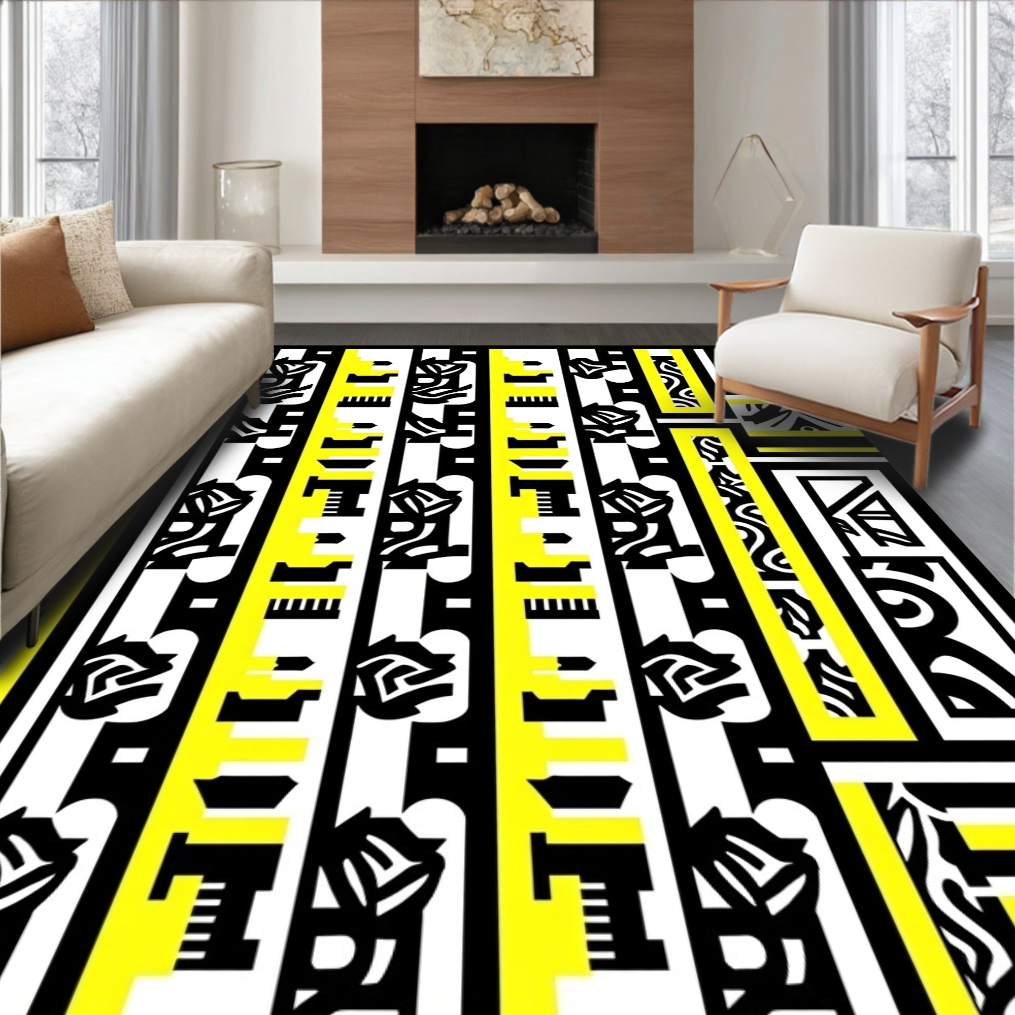 Abstract Black Yellow Stripe Design Rug