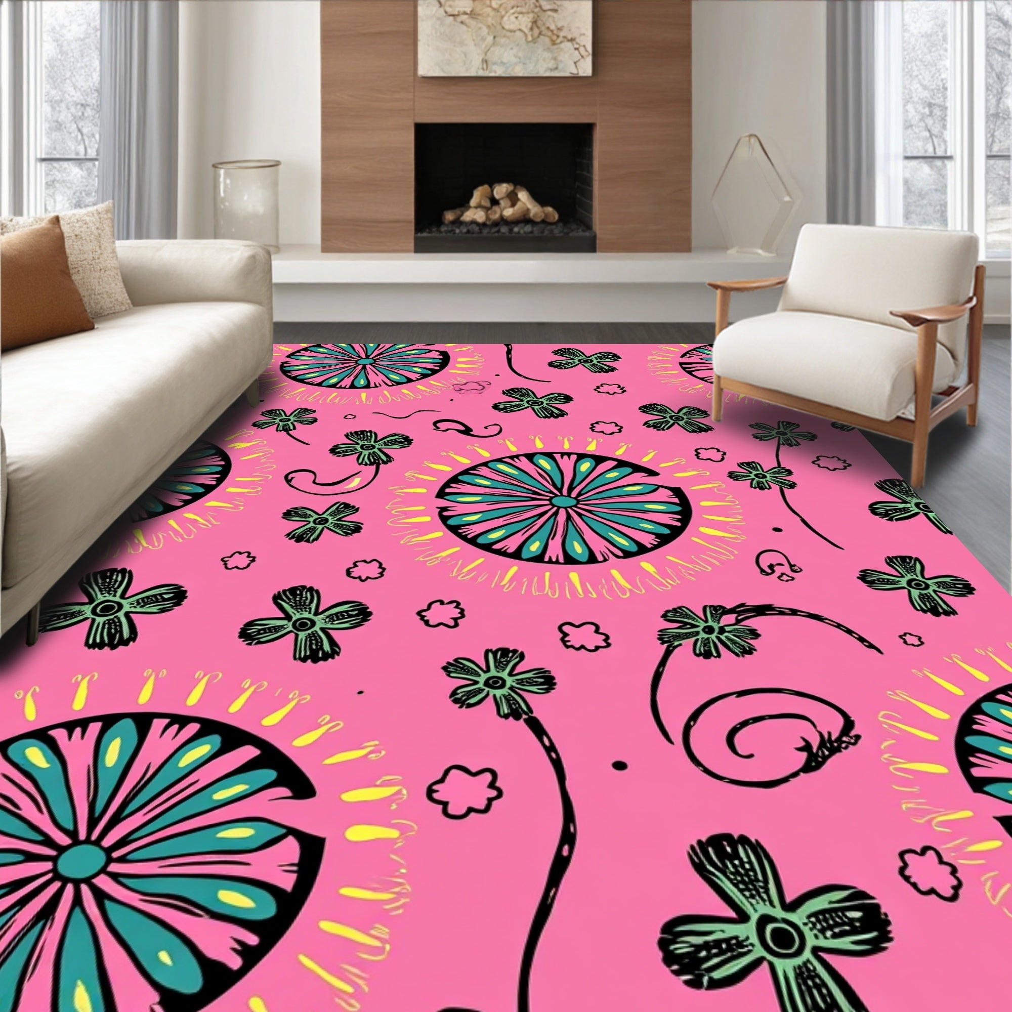 Pink Floral Pattern With Teal Vibes Rug