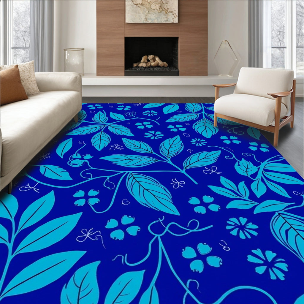 Blue Teal Leaf Flower Pattern Rug