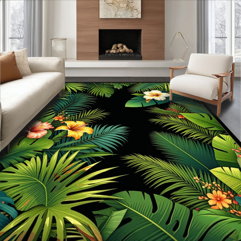 Lush Tropical Floral Leaf Pattern Rug