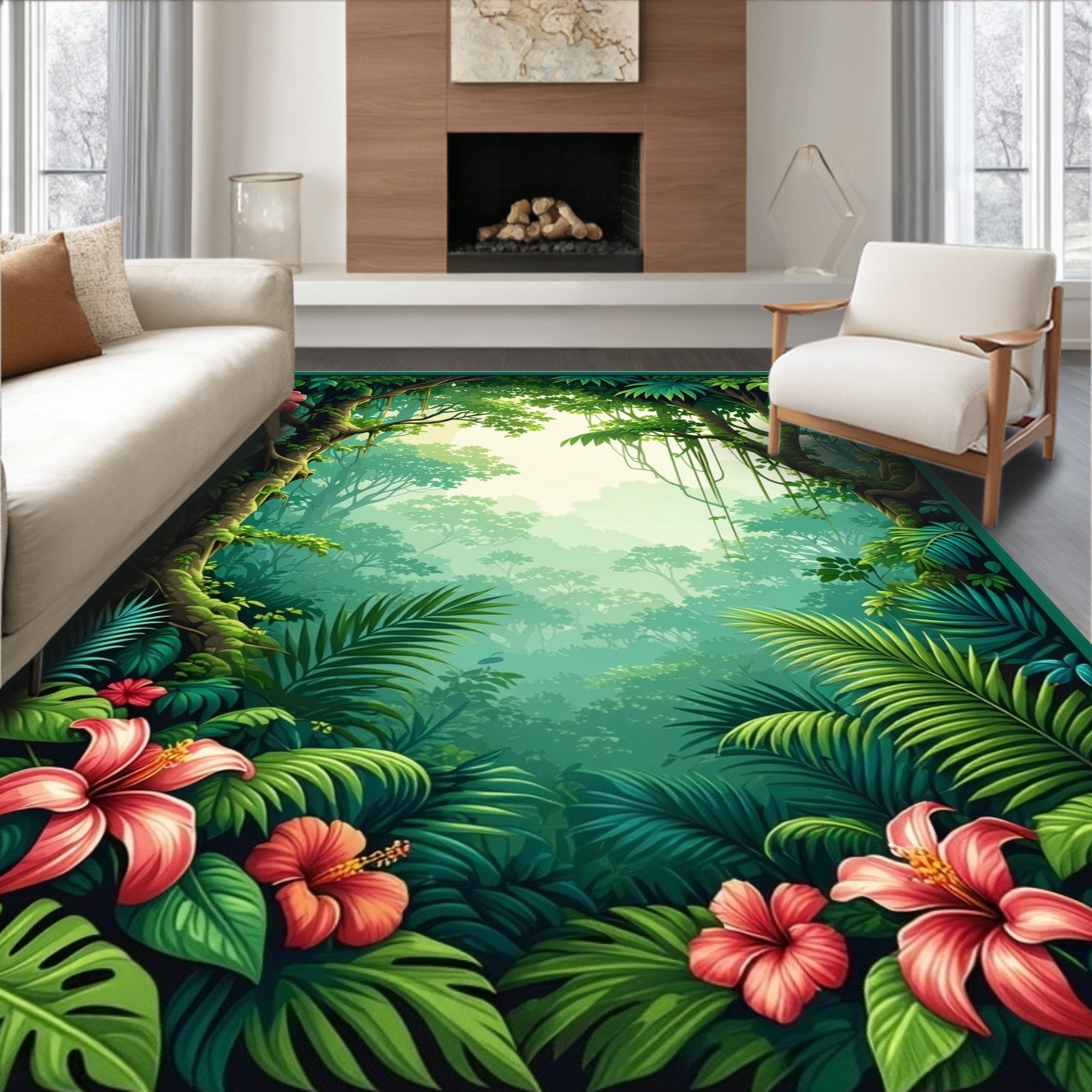 Lush Tropical Hibiscus Forest Scene Rug