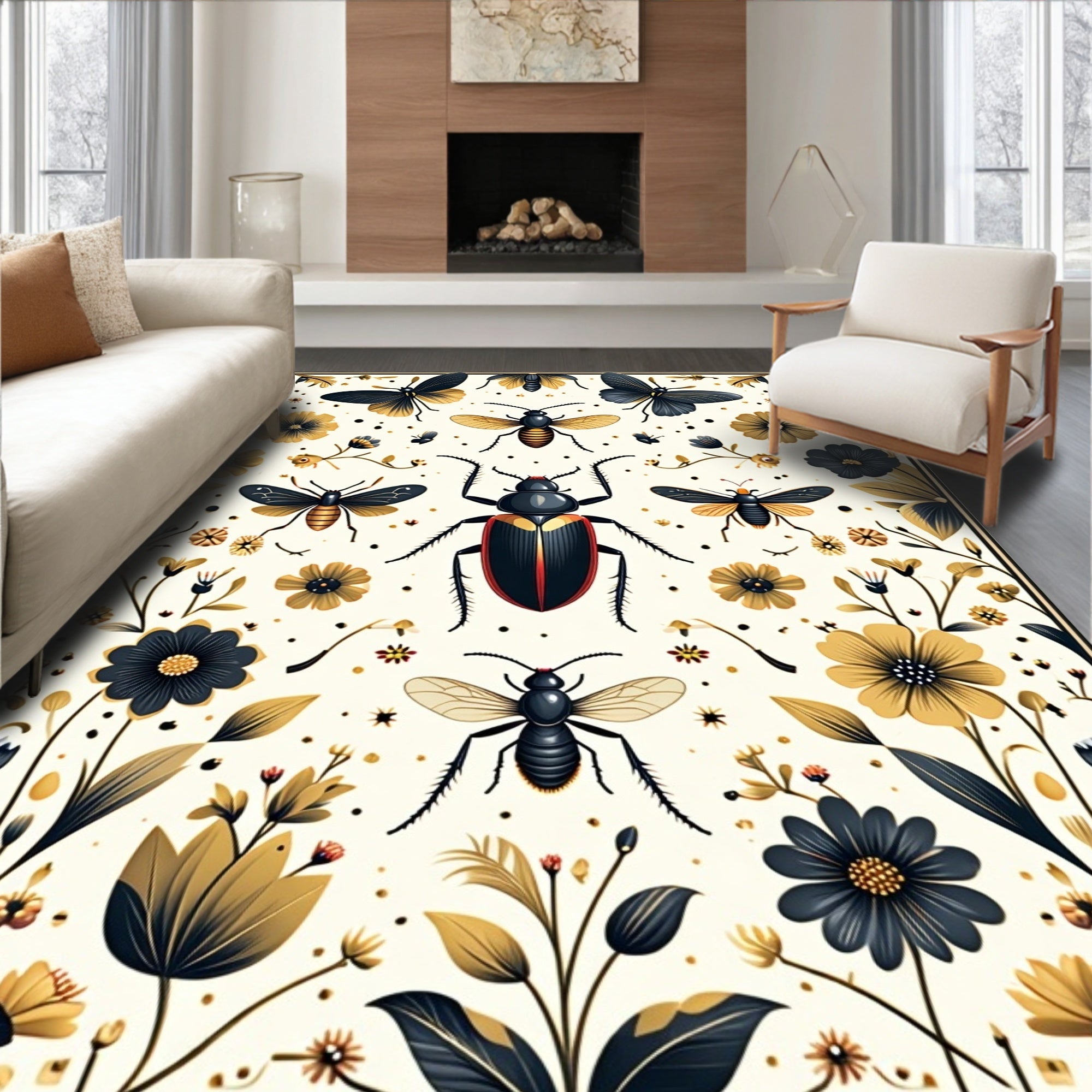 Vintage Insect Floral Art Rug