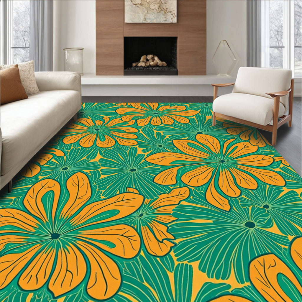 Vibrant Teal Orange Floral Pattern Rug