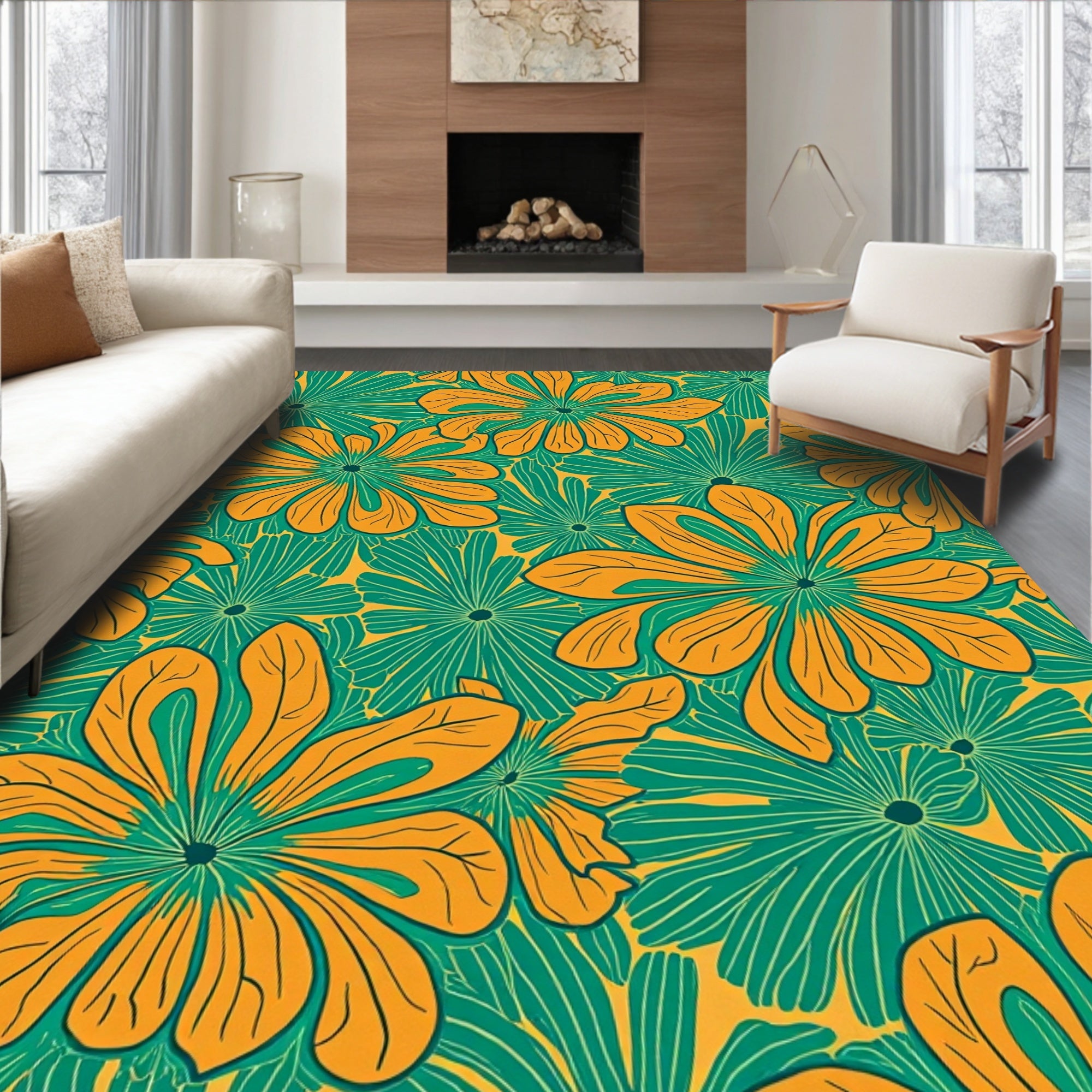Vibrant Teal Orange Floral Pattern Rug