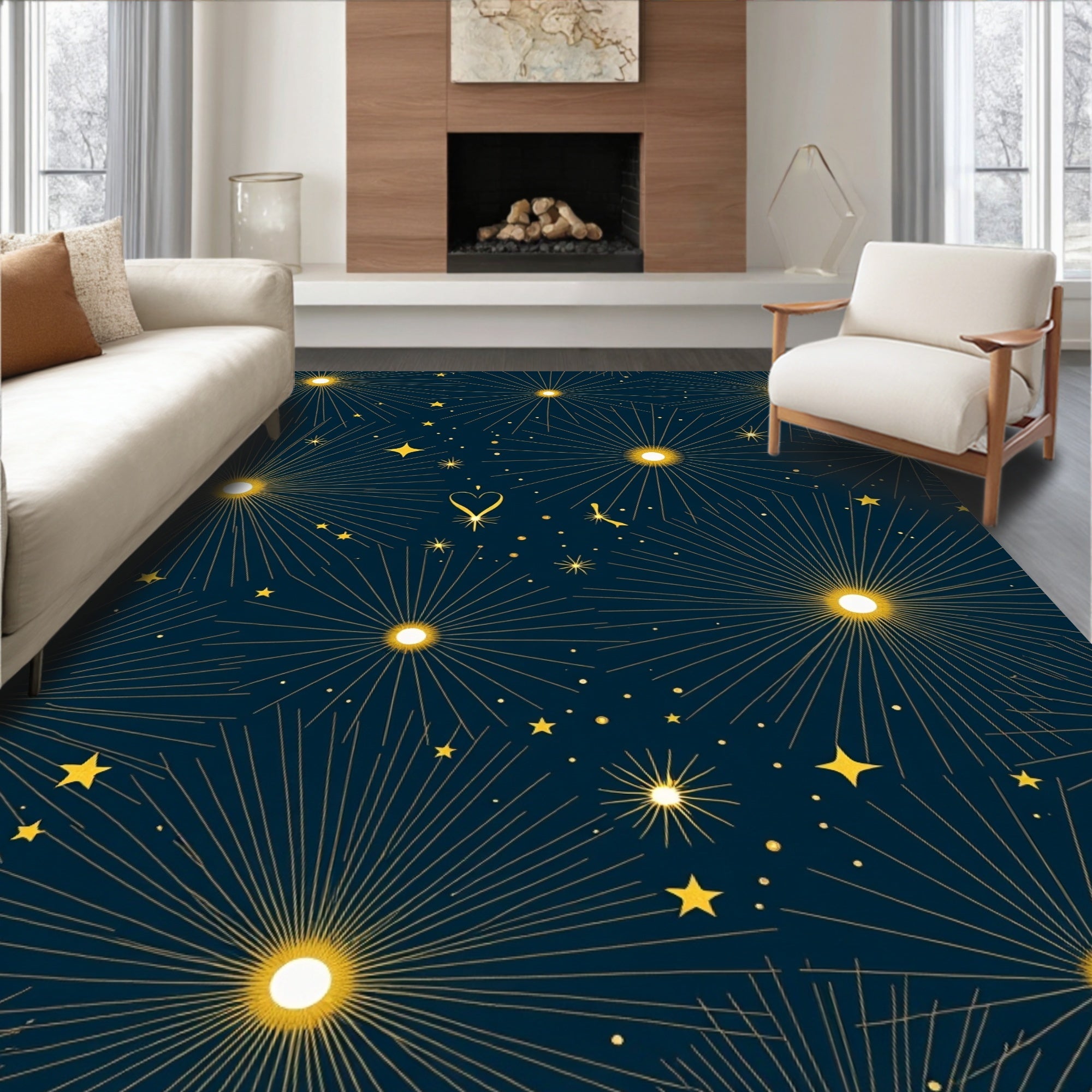 Golden Starburst Celestial Night Rug
