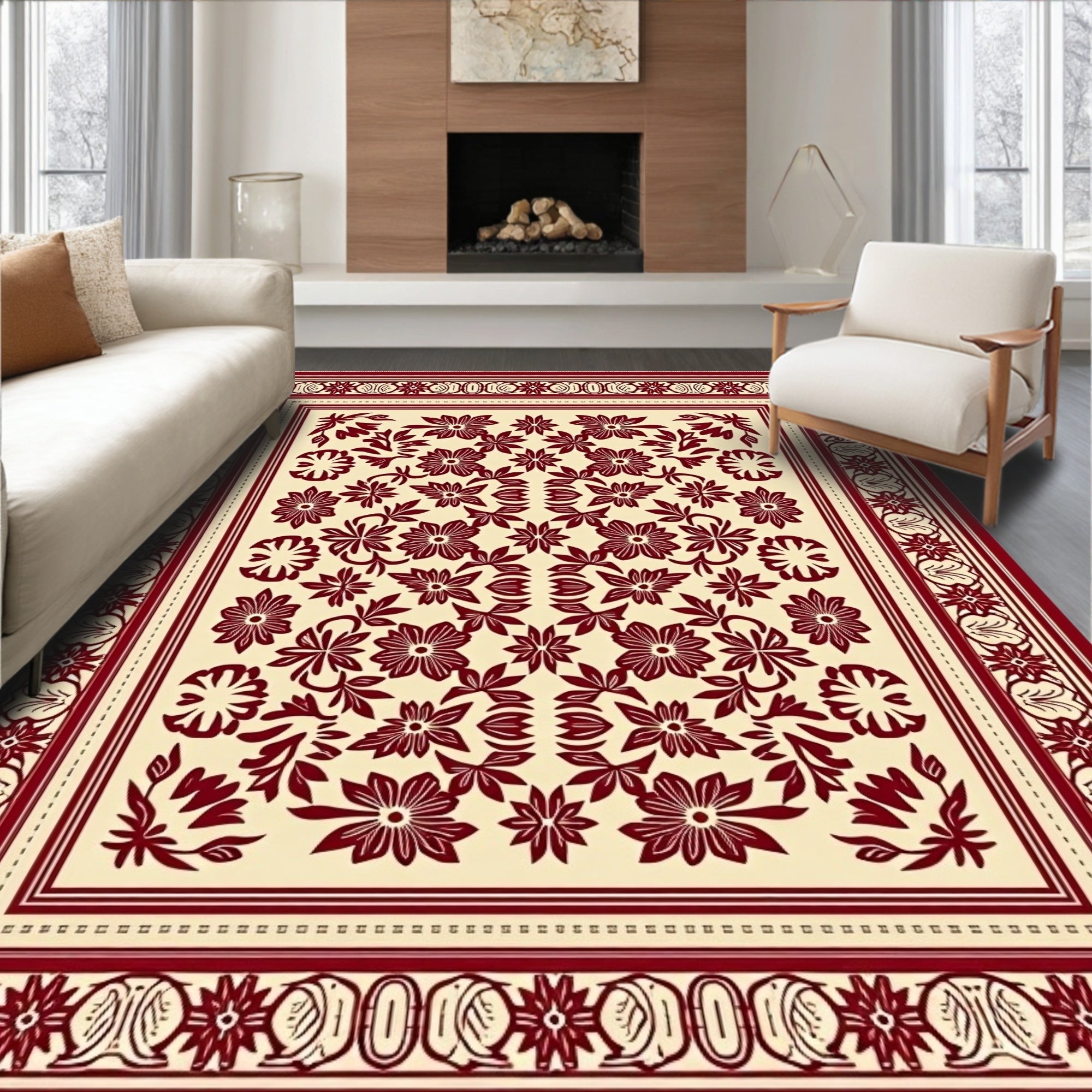 Crimson Floral Garden Medallion Ivory Rug